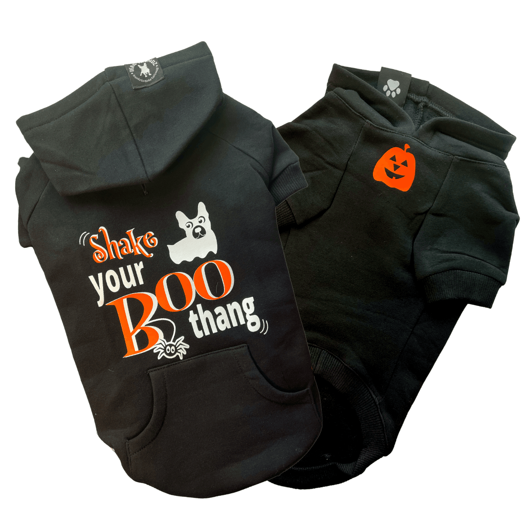Hooded Sweatshirt For Dogs - Halloween - "Shake Your BOO Thang" hooded sweatshirt in black with solid white background - Front view has orange pumpkin and back view has Shake your Boo thang - Wag Trendz