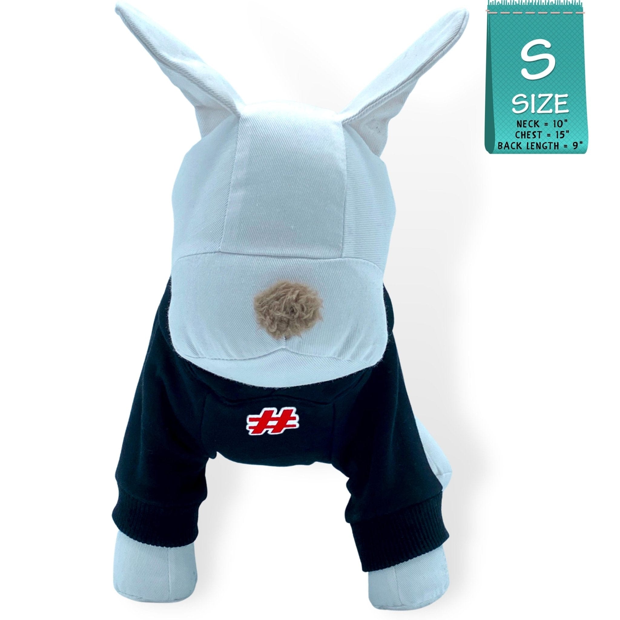 Hooded Sweatshirt For Dogs - Stuffed white dog wearing "Sorry Not Sorry" hooded sweatshirt in black - front view has a # outlined in red - against solid white background - Wag Trendz