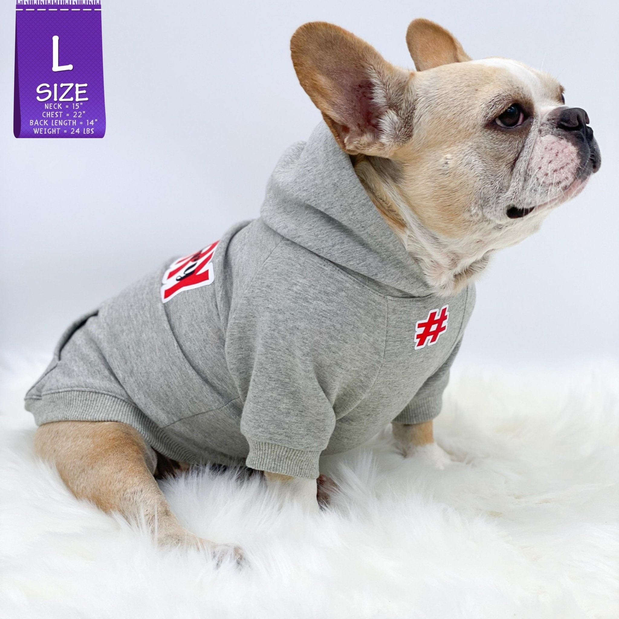 Hooded Sweatshirt For Dogs - French Bulldog wearing hooded sweatshirt "Sorry Not Sorry" dog hoodie in gray - side view - back view has Sorry Not Sorry with red accents while front view has a # outlined in red - against solid white background - Wag Trendz