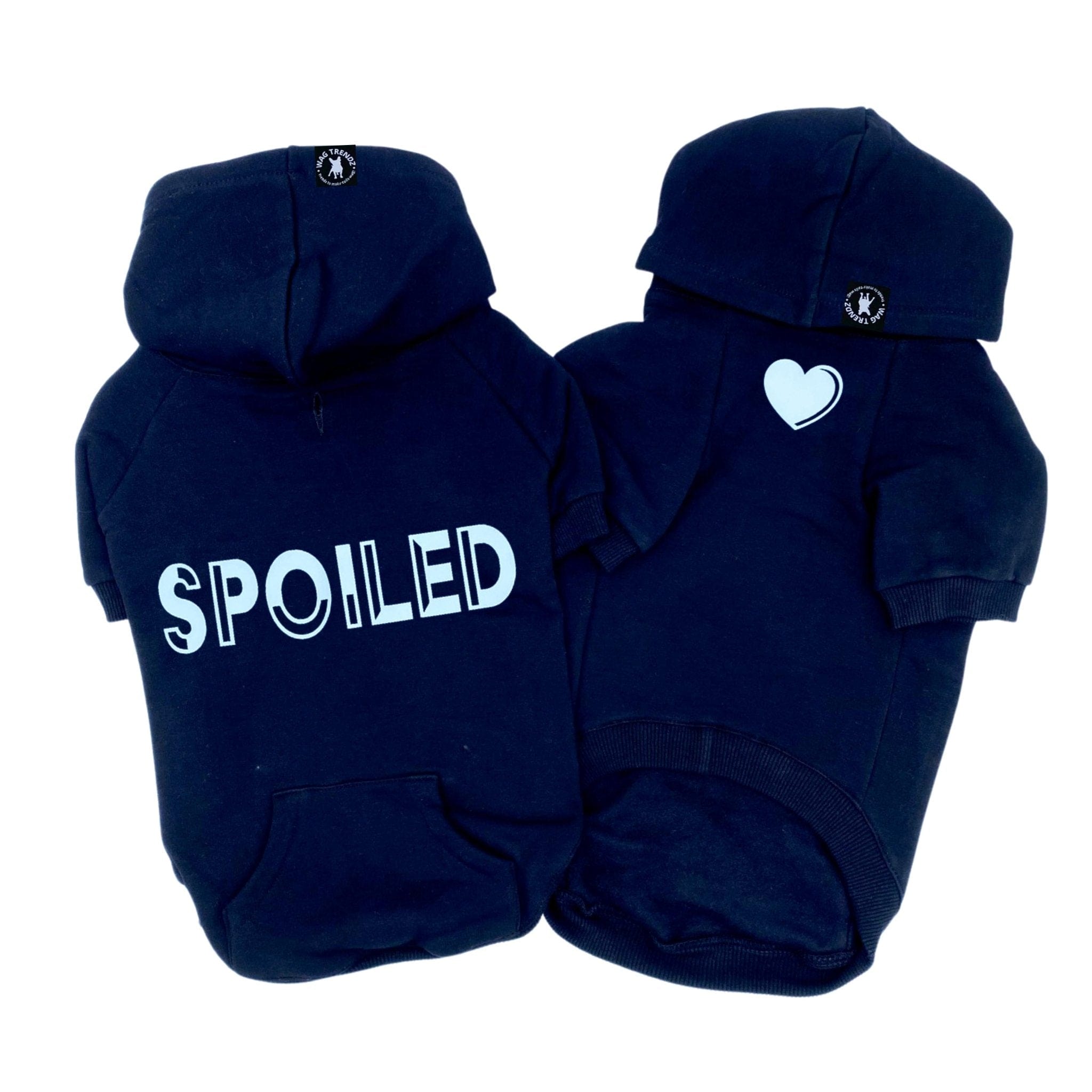 Hooded Sweatshirt For Dogs - “SPOILED” hooded sweatshirt in black set - back view has SPOILED and front chest has a solid heart emoji - against solid white background - Wag Trendz