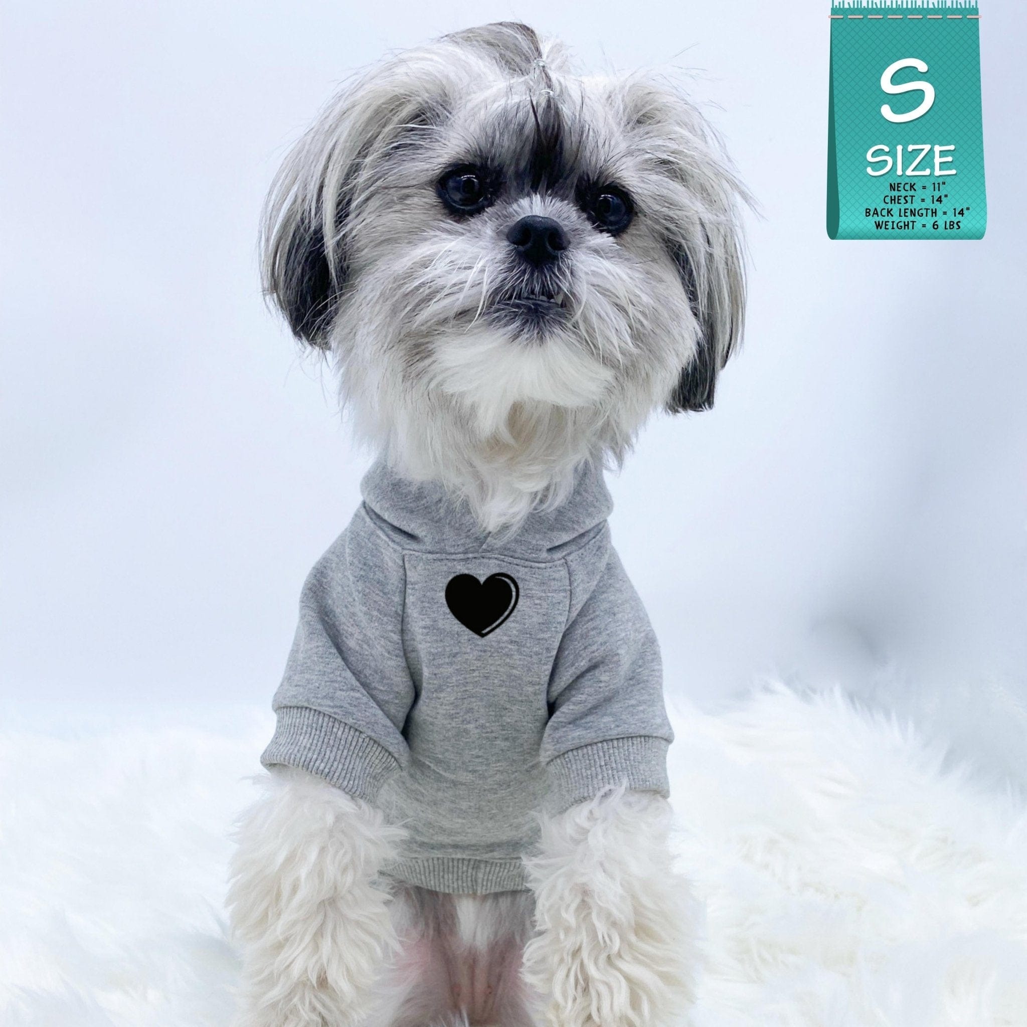 Hooded Sweatshirt For Dogs - Shih Tzu wearing “SPOILED” hooded sweatshirt in gray - front chest has a solid heart emoji - against a solid white background - Wag Trendz