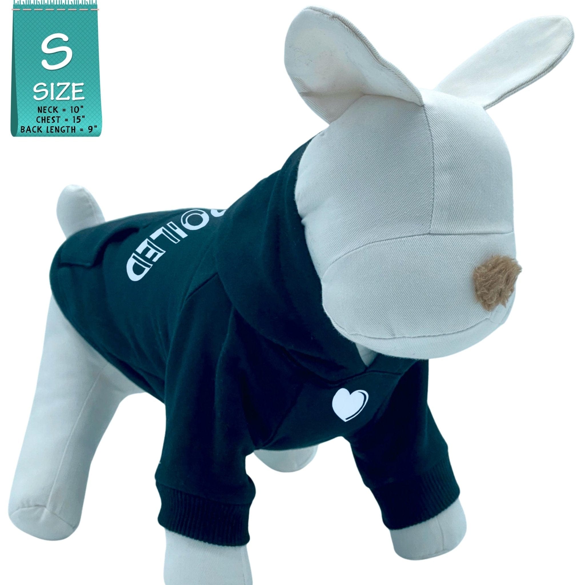 Hooded Sweatshirt For Dogs - Stuffed white dog wearing “SPOILED” hooded sweatshirt in black - backside has SPOILED in white lettering front chest has a solid heart emoji - against a solid white background - Wag Trendz