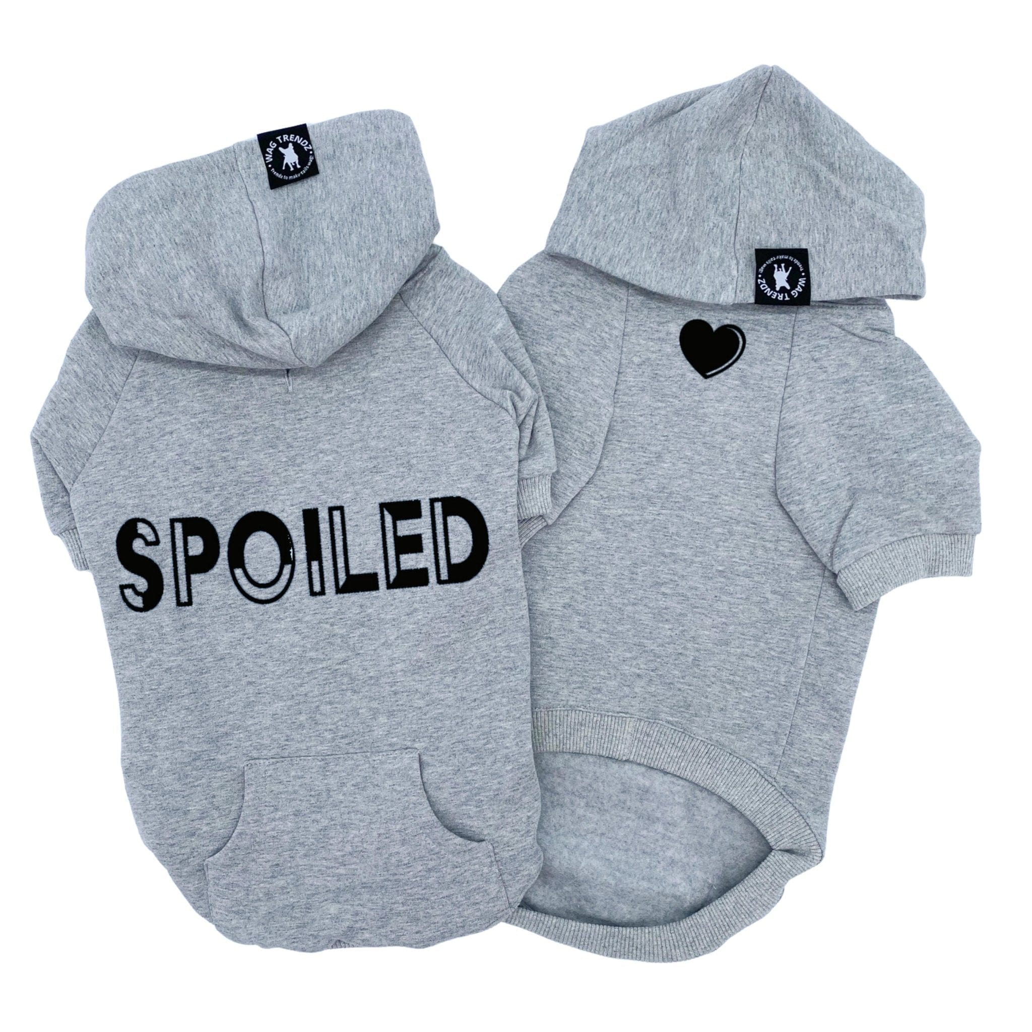 Hooded Sweatshirt For Dogs - “SPOILED” hooded sweatshirt in gray set - back view has SPOILED and front chest has a solid heart emoji - against solid white background - Wag Trendz