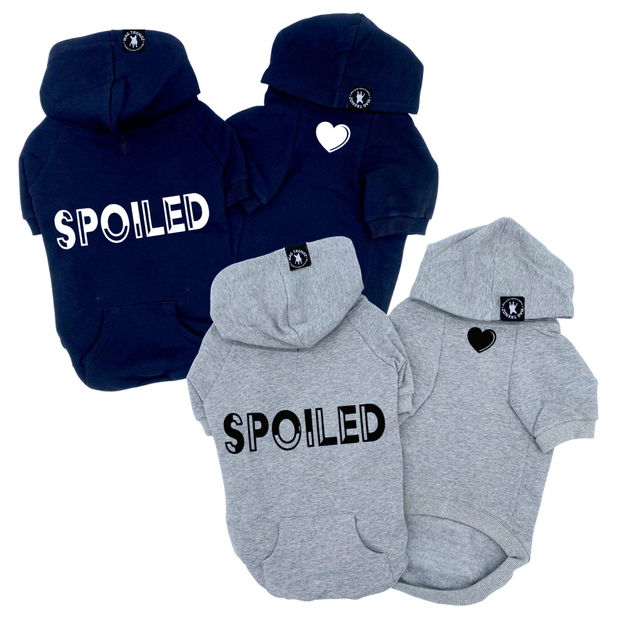 Hooded Sweatshirt For Dogs - “SPOILED” hooded sweatshirt in black and gray sets - back view has SPOILED and front chest has a solid heart emoji - against solid white background - Wag Trendz