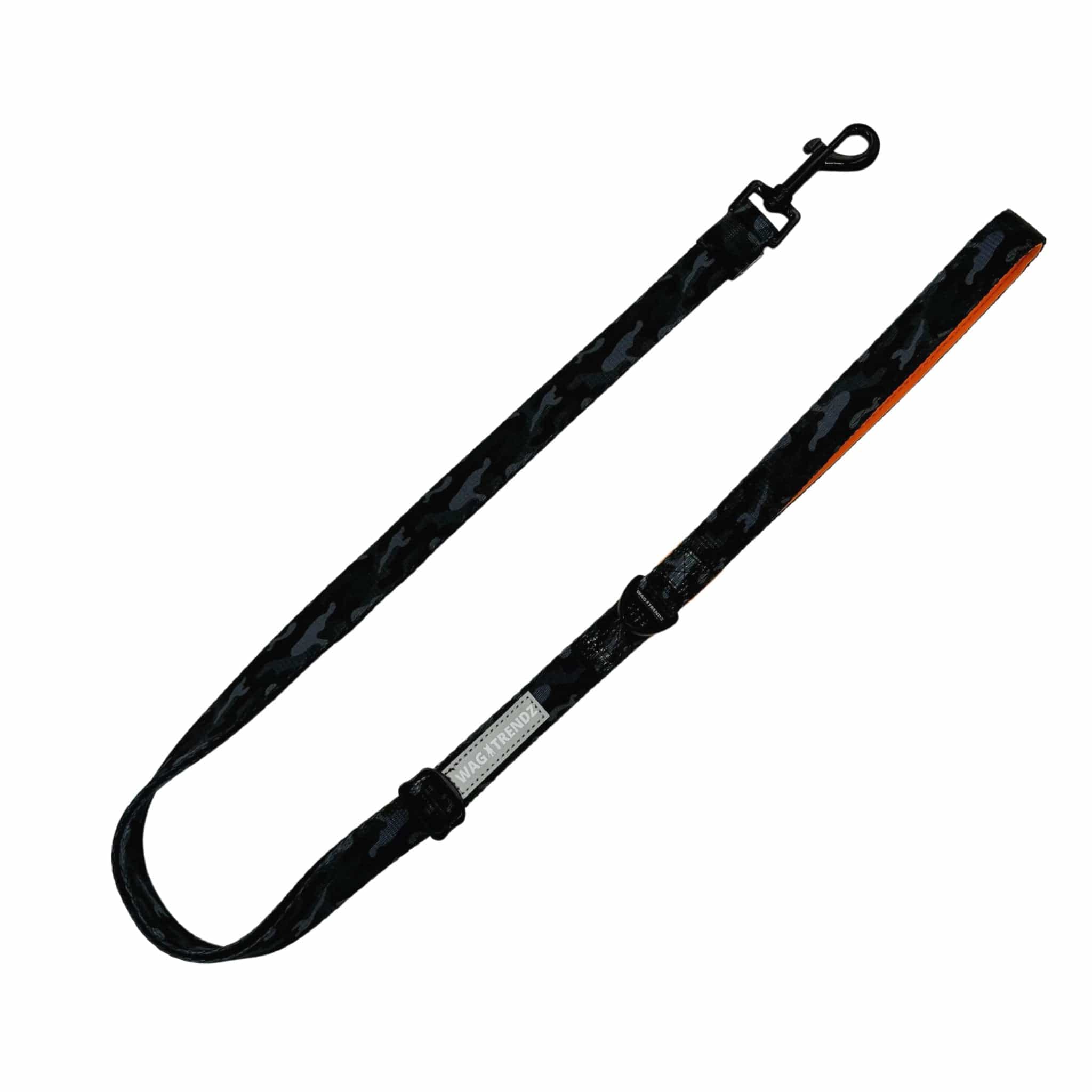 Adjustable Dog Leash - Black and Gray Camo with Orange Accents - against solid white background - Wag Trendz