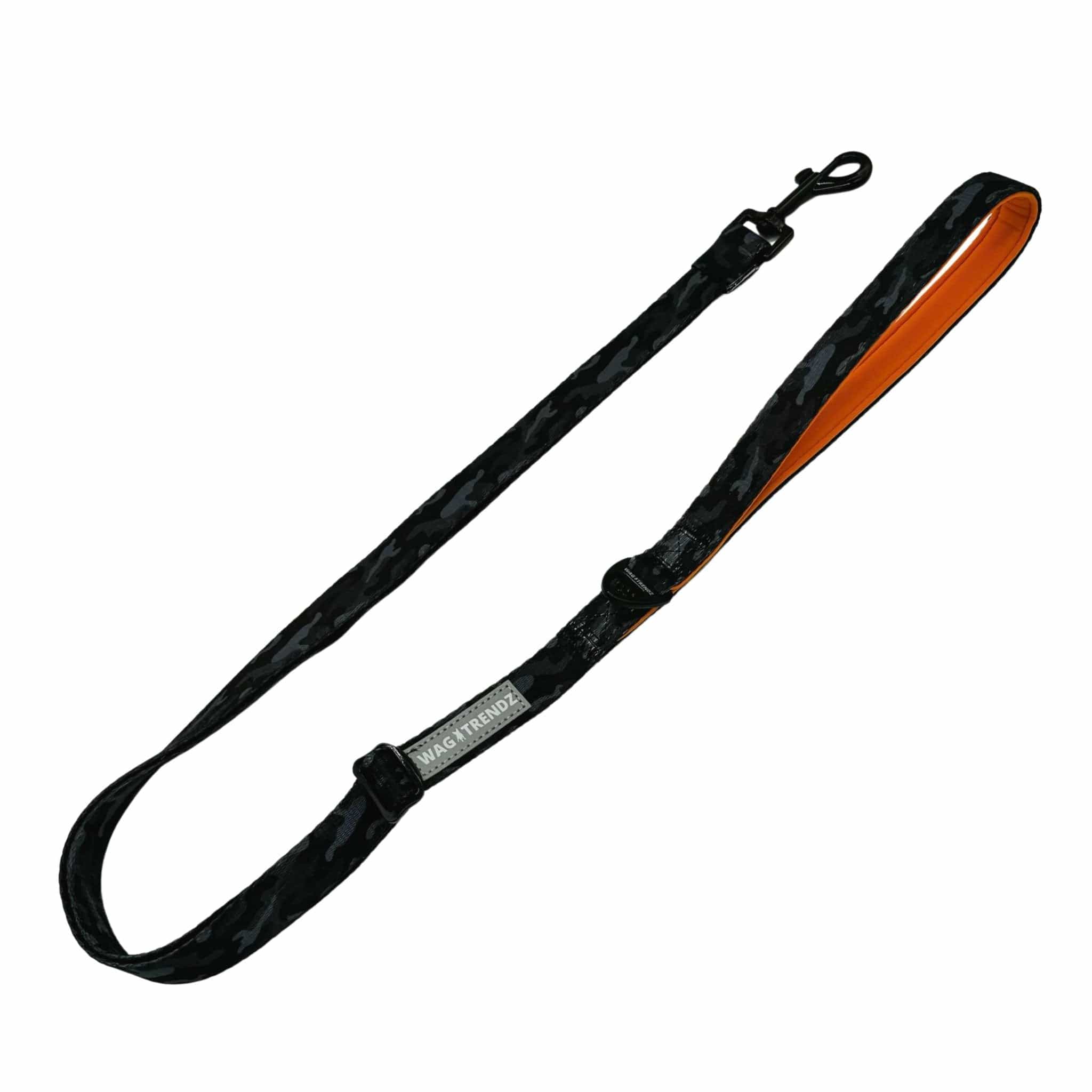 Adjustable Dog Leash - Black and Gray Camo with Orange Accents - against solid white background - Wag Trendz