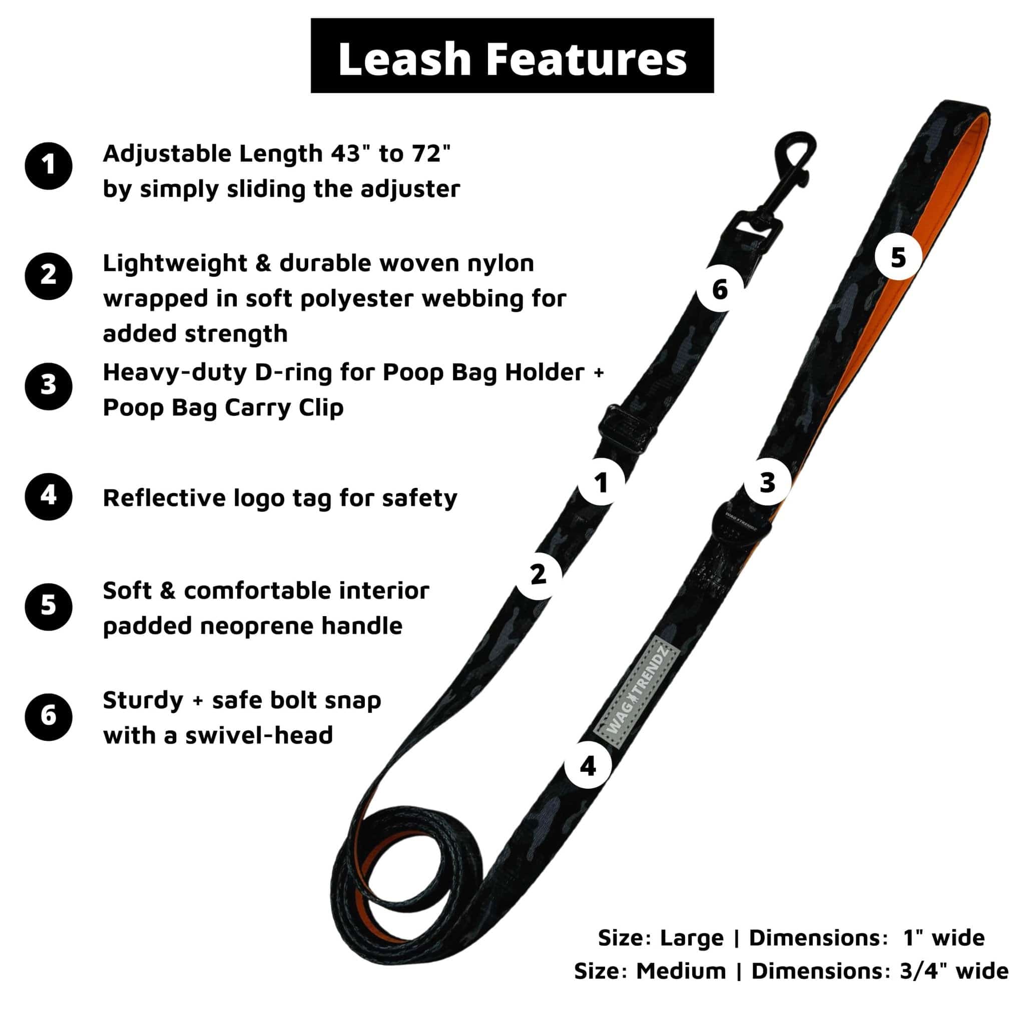 Adjustable Dog Leash - Black and Gray Camo with Orange Accents - with product feature captions - against solid white background - Wag Trendz