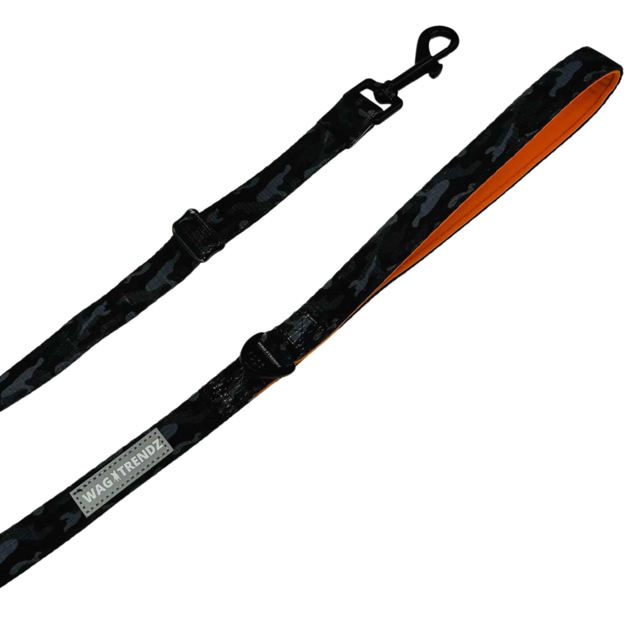 Adjustable Dog Leash - Black and Gray Camo with Orange Accents - close-up and against solid white background - Wag Trendz