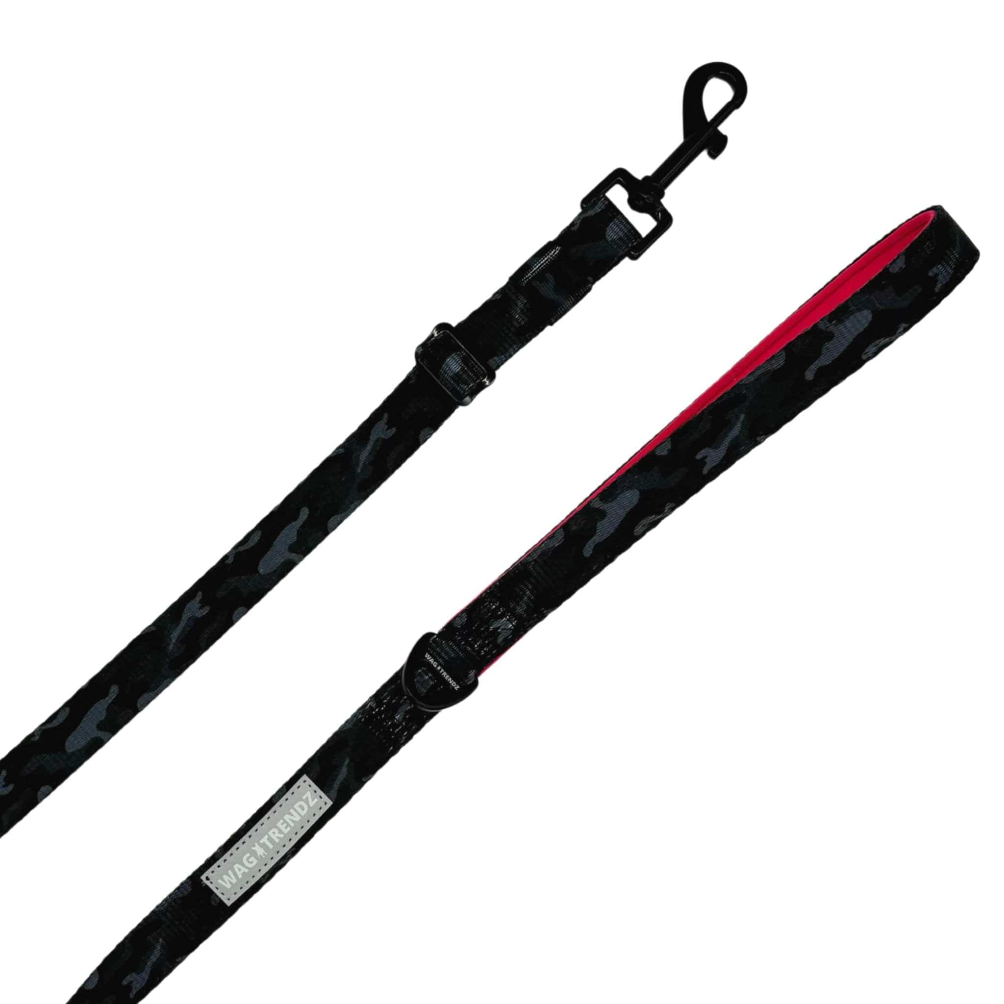 Adjustable Dog Leash - Black and Gray Camo with Hot Pink accents - close up - against solid white background - Wag Trendz
