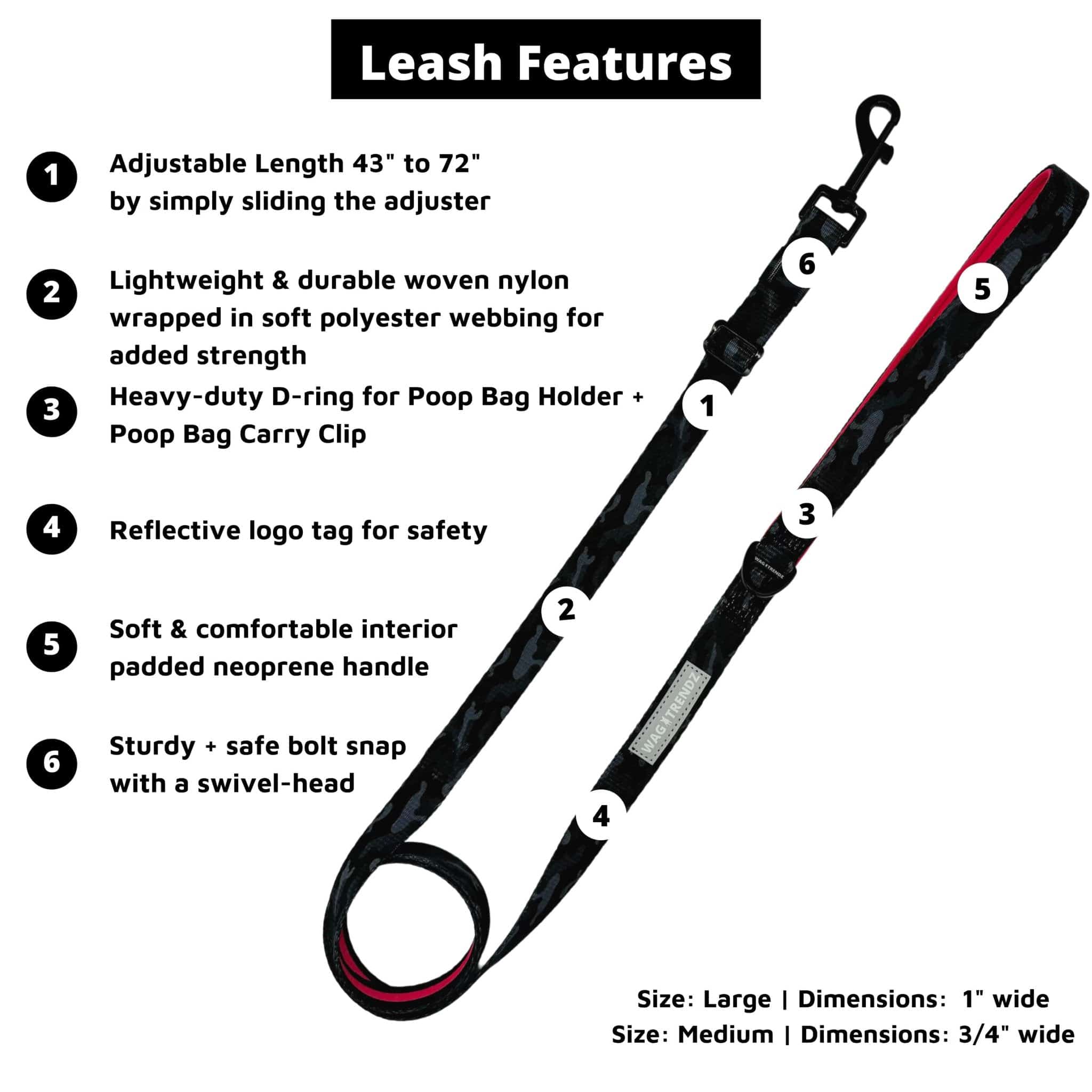Adjustable Dog Leash - Black and Gray Camo with Hot Pink accents - with product feature captions - against solid white background - Wag Trendz