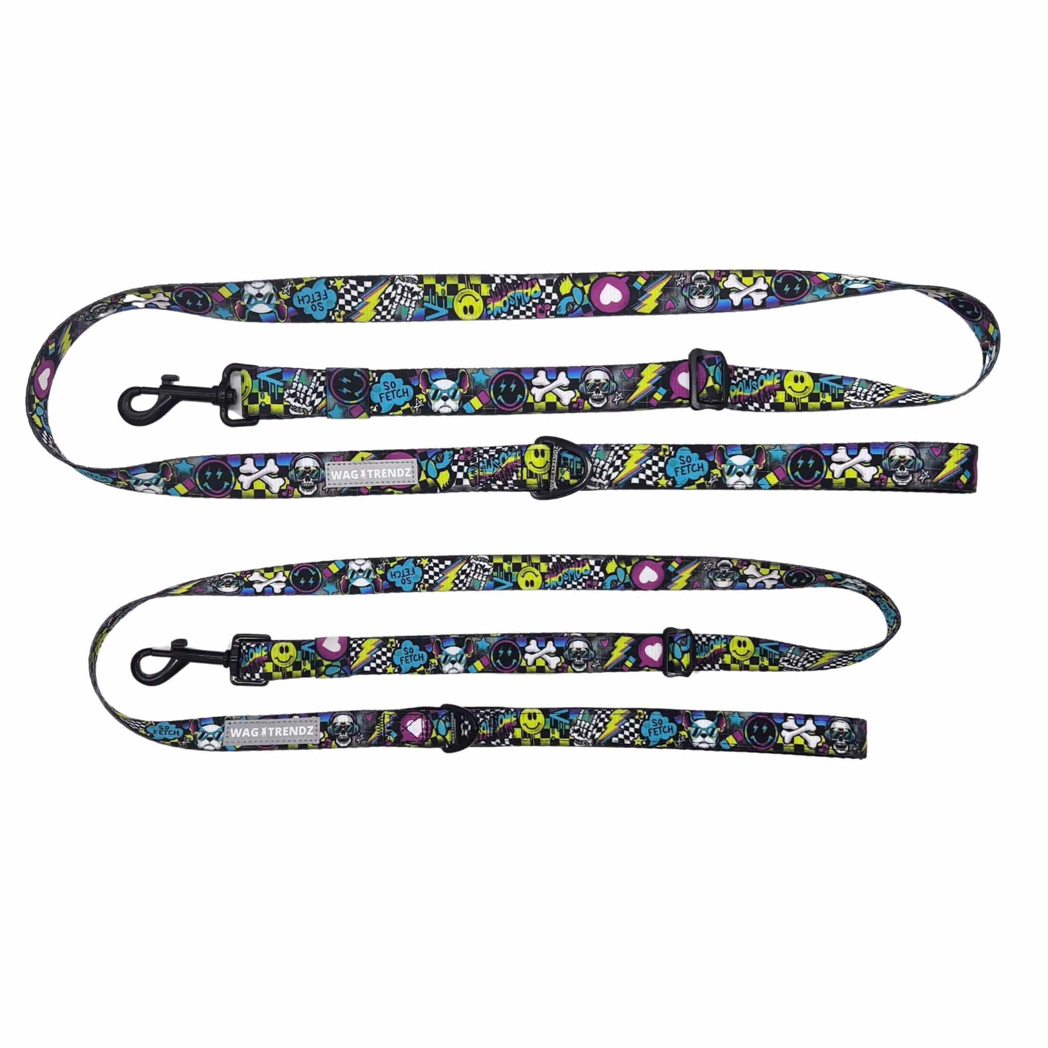 Adjustable Dog Leash - Medium & Large - Skull Society with multicolored graphics in yellow, blue, purple with black background - against solid white background - Wag Trendz