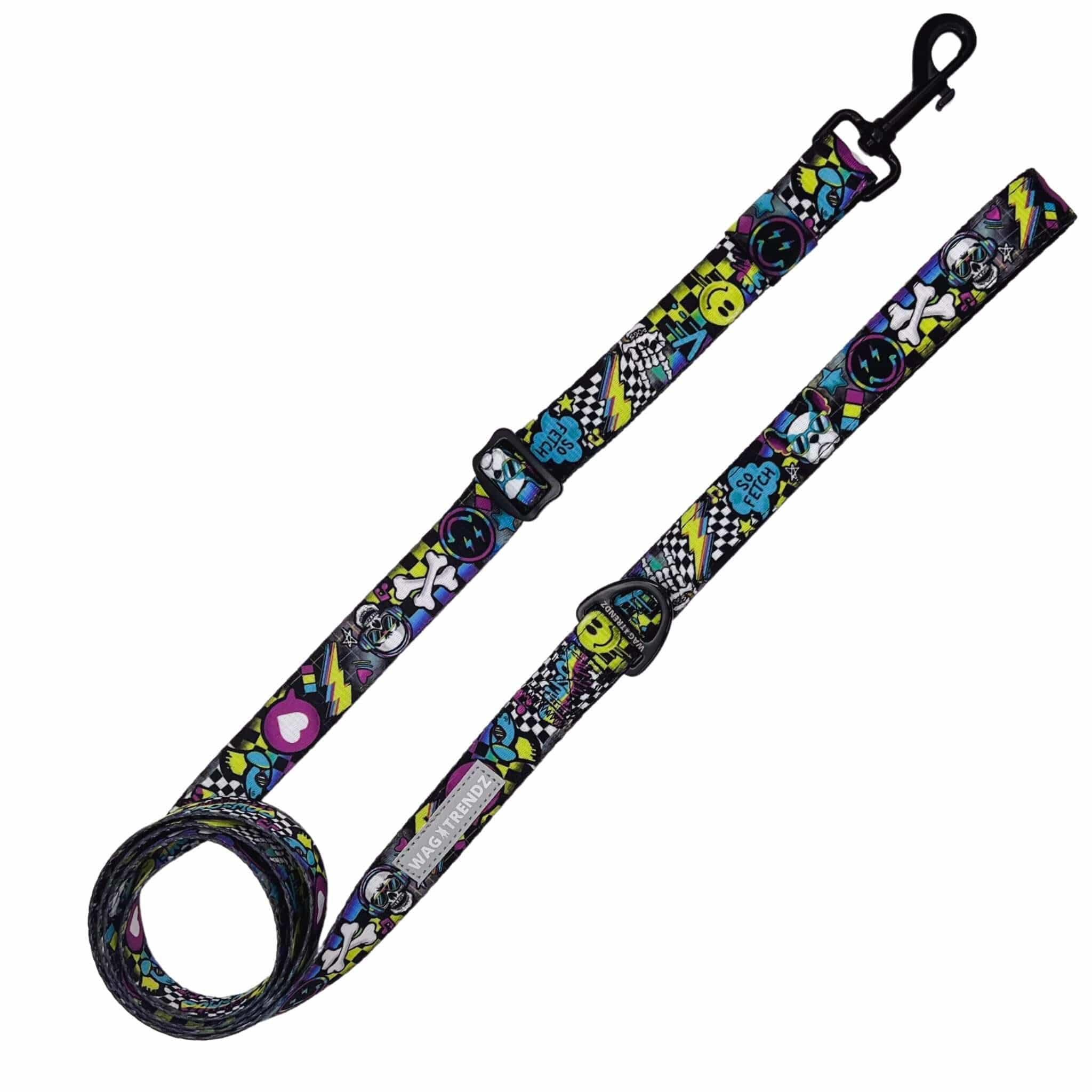 Adjustable Dog Leash - Medium - Skull Society with multicolored graphics in yellow, blue, purple with black background - against solid white background - Wag Trendz