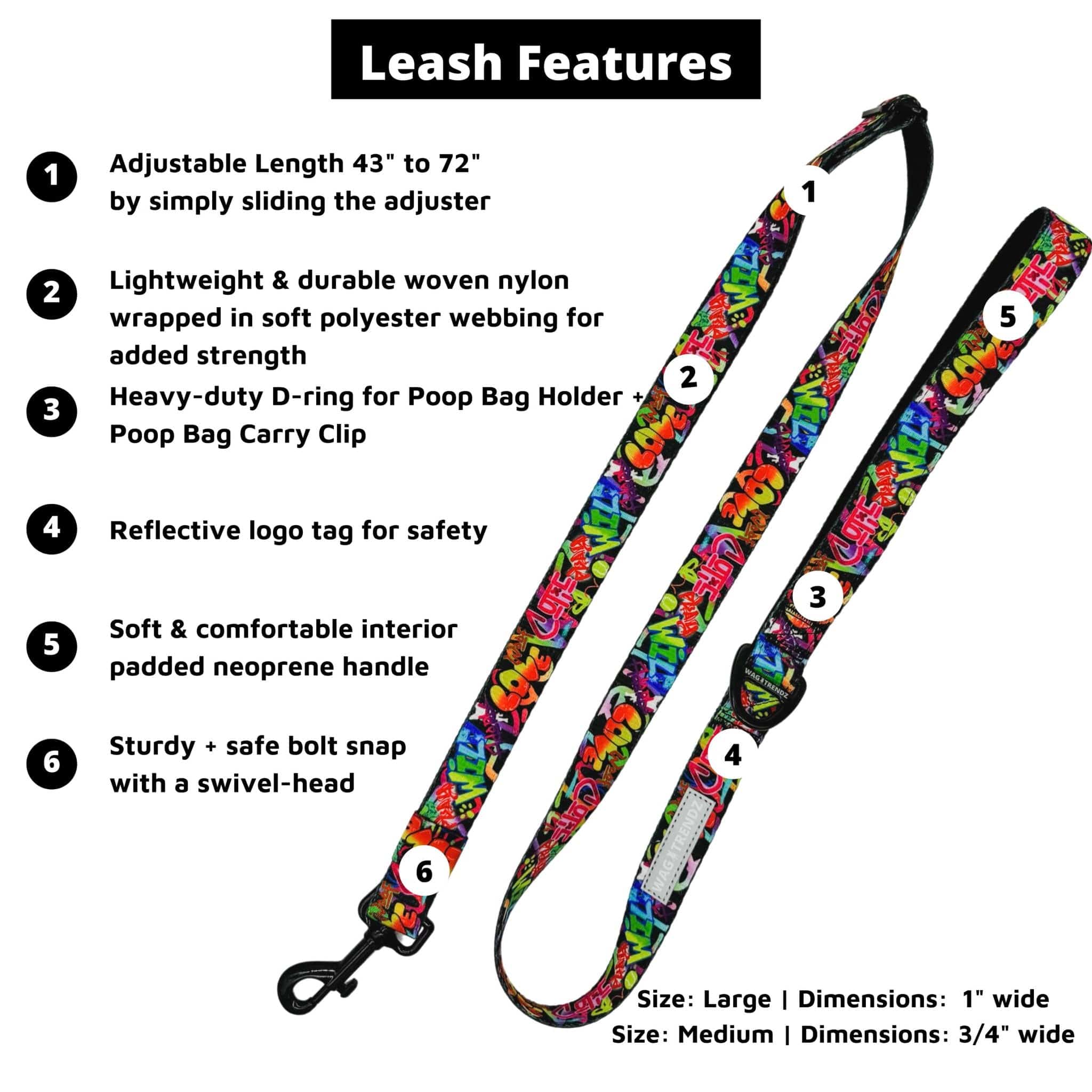 Adjustable Dog Leash - Multicolored Street Graffiti adjustable dog leash with product feature captions - solid white background - Wag Trendz