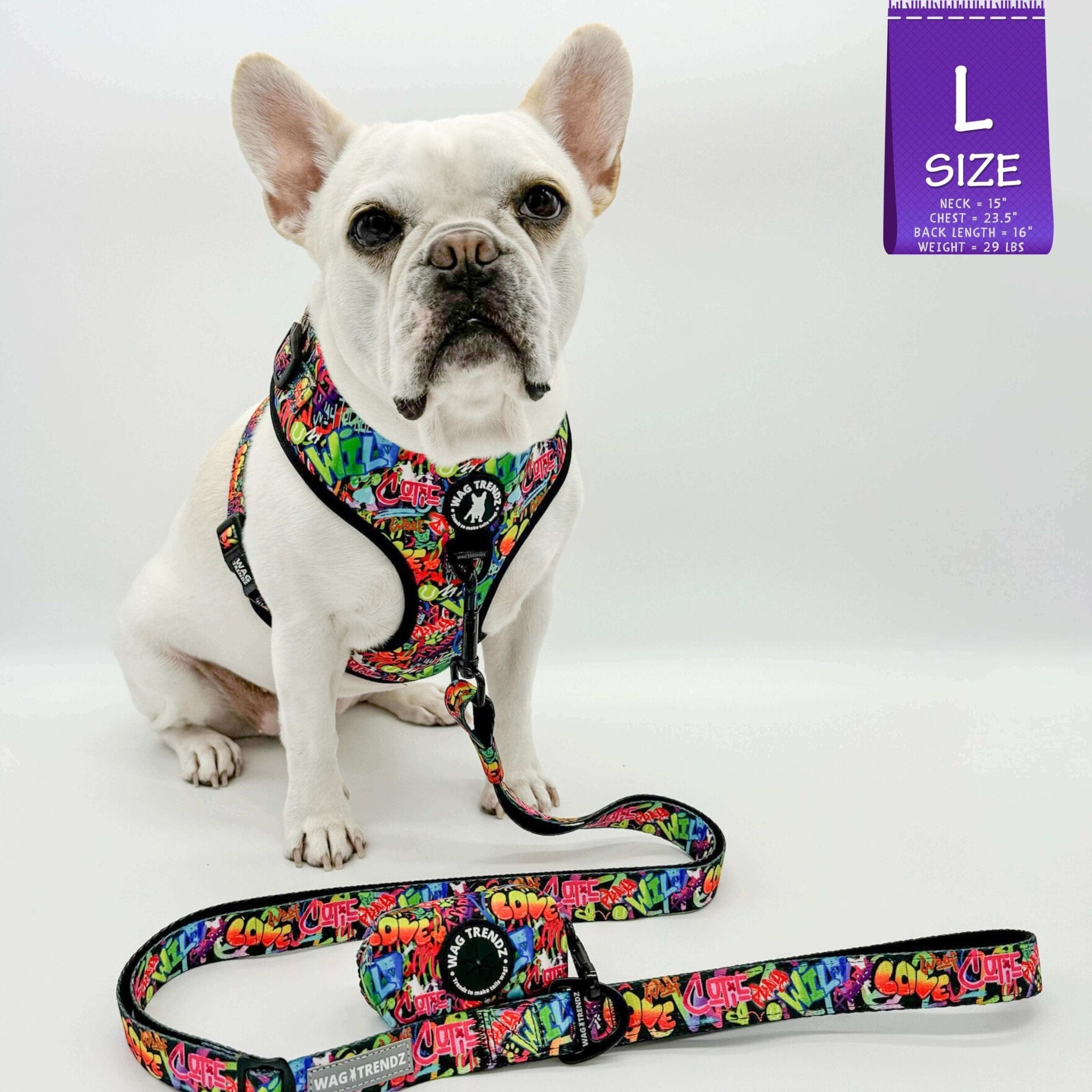 Adjustable Dog Leash - French Bulldog wearing Multicolored Street Graffiti Dog Harness with matching adjustable leash and poop bag holder attached - against a solid white background - Wag Trendz