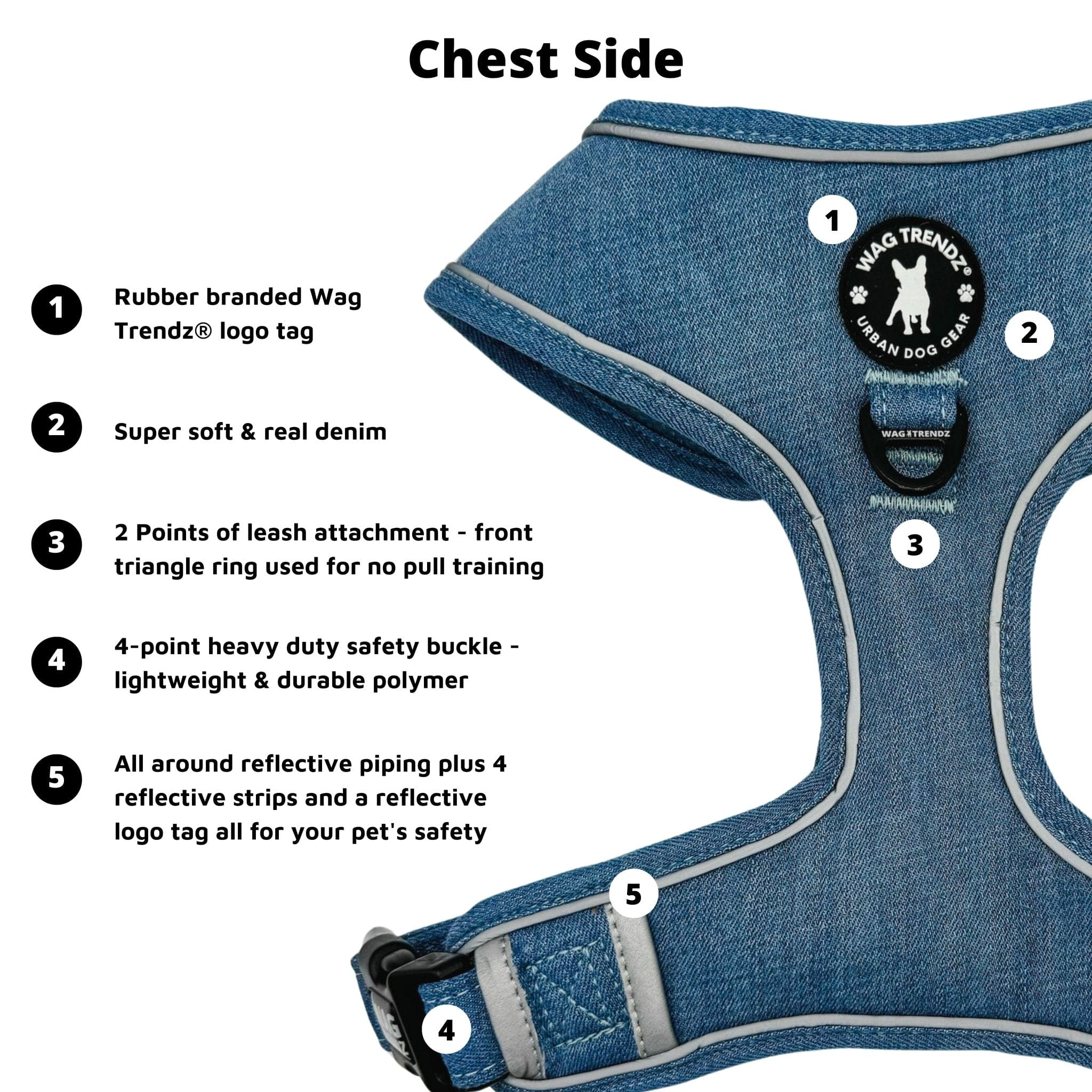 Denim Dog Harness - Reflective and No Pull - Downtown Denim Dog Harness with Reflective Accents -with product feature captions on the chest side of harness - against solid white background - Wag Trendz