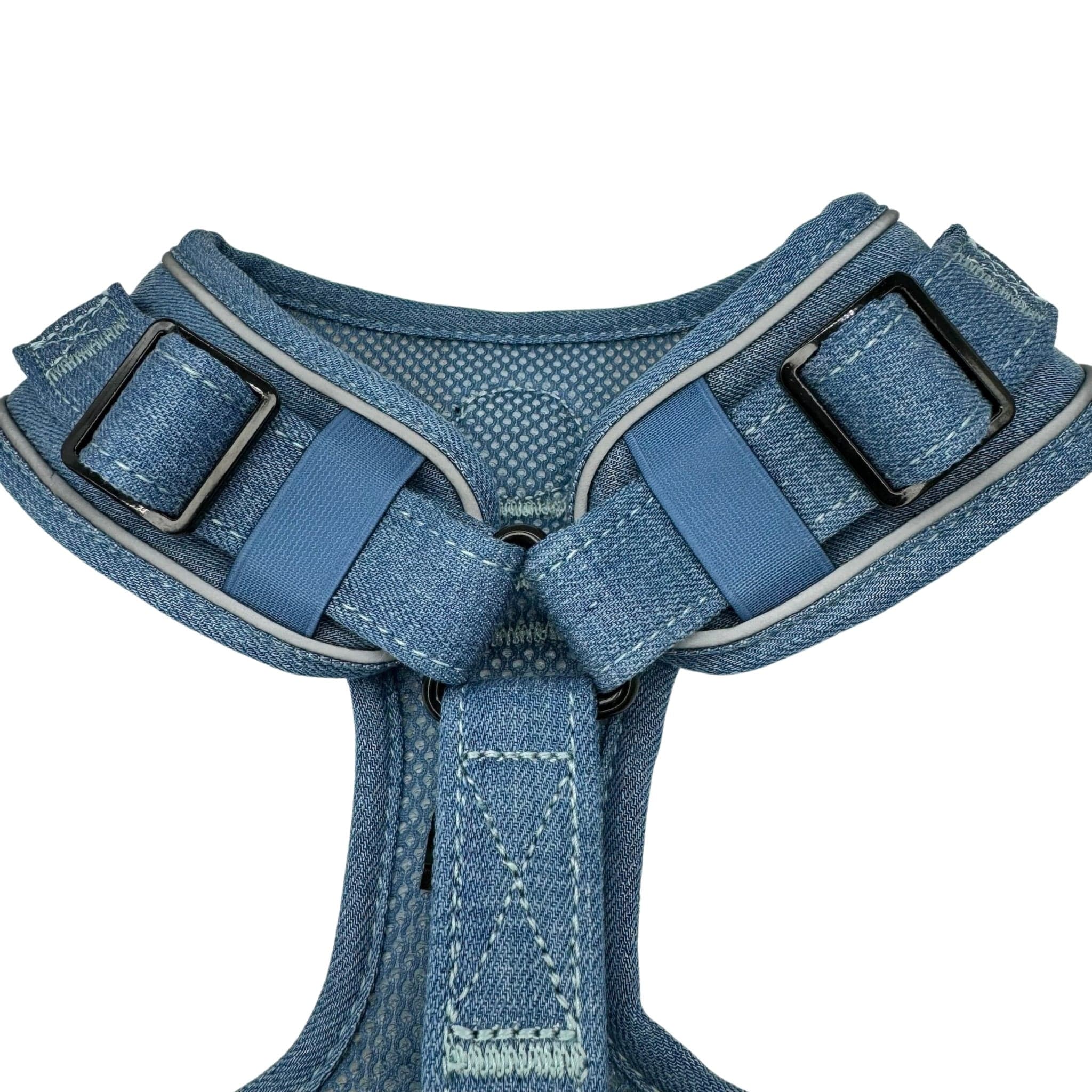 Denim Dog Harness - Reflective and No Pull - Downtown Denim Dog Harness with Reflective Accents - close-up of backside - against solid white background - Wag Trendz