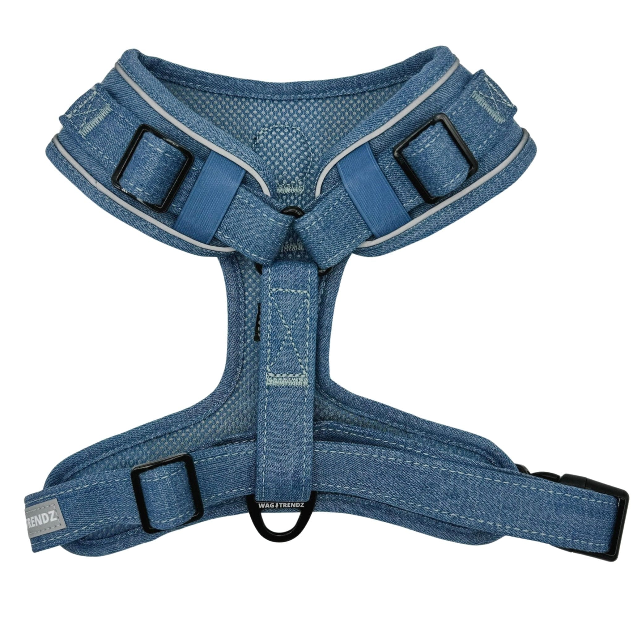 Denim Dog Harness - Reflective and No Pull - Downtown Denim Dog Harness with Reflective Accents - Back Side - against solid white background - Wag Trendz