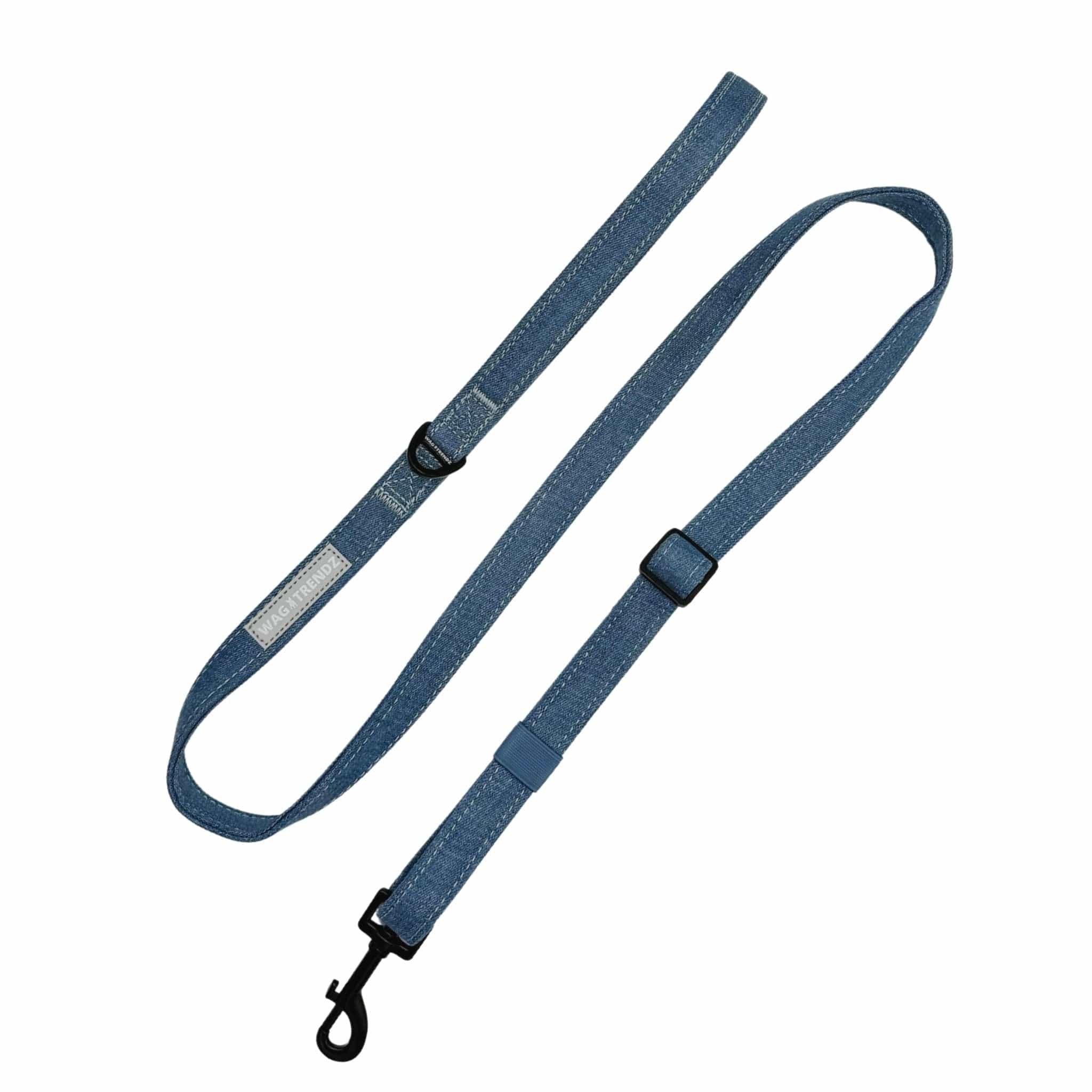 Denim Dog Leash - a medium Adjustable Downtown Denim Dog Leash - against solid white background - Wag Trendz