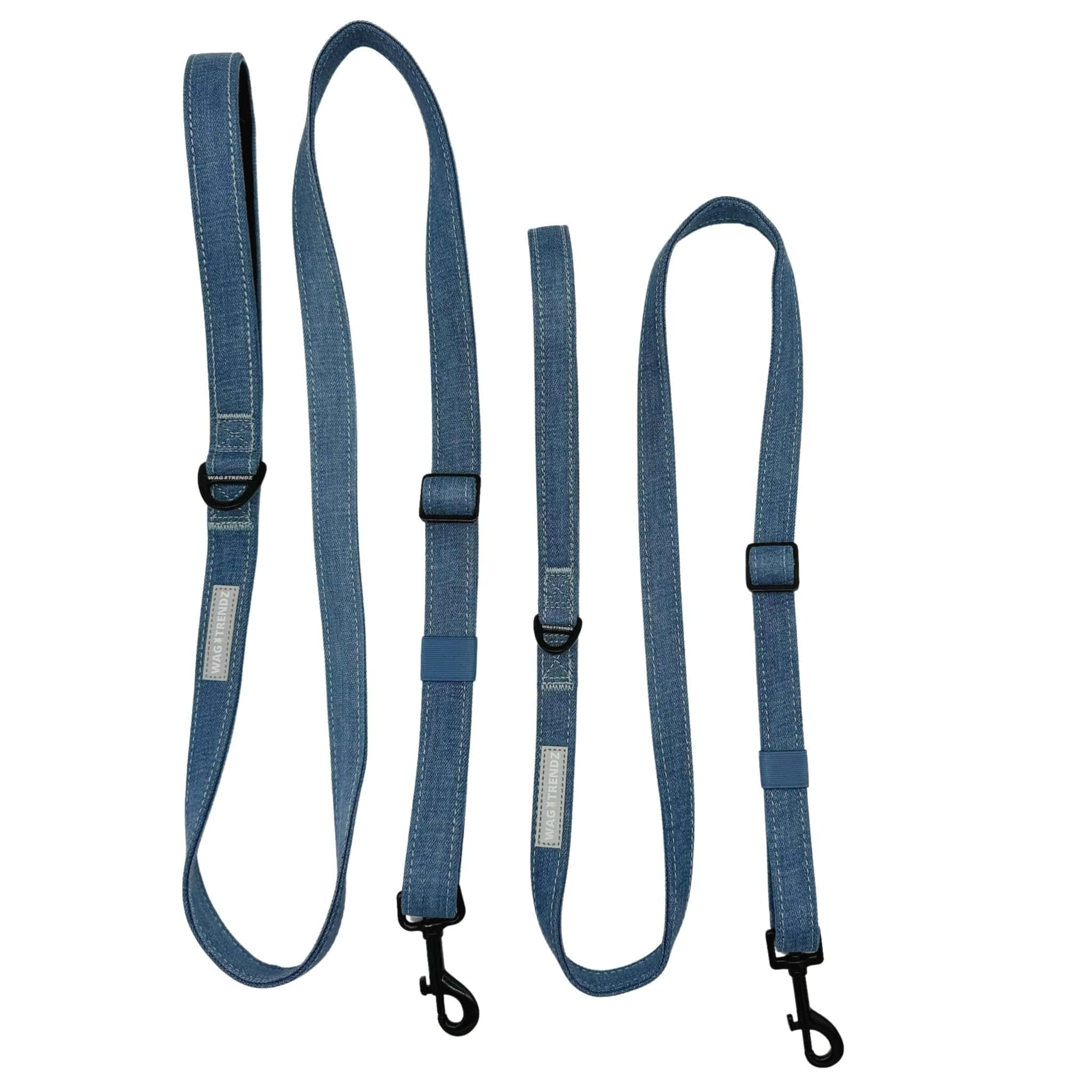 Denim Dog Leash - a large and a medium Adjustable Downtown Denim Dog Leash - against solid white background - Wag Trendz