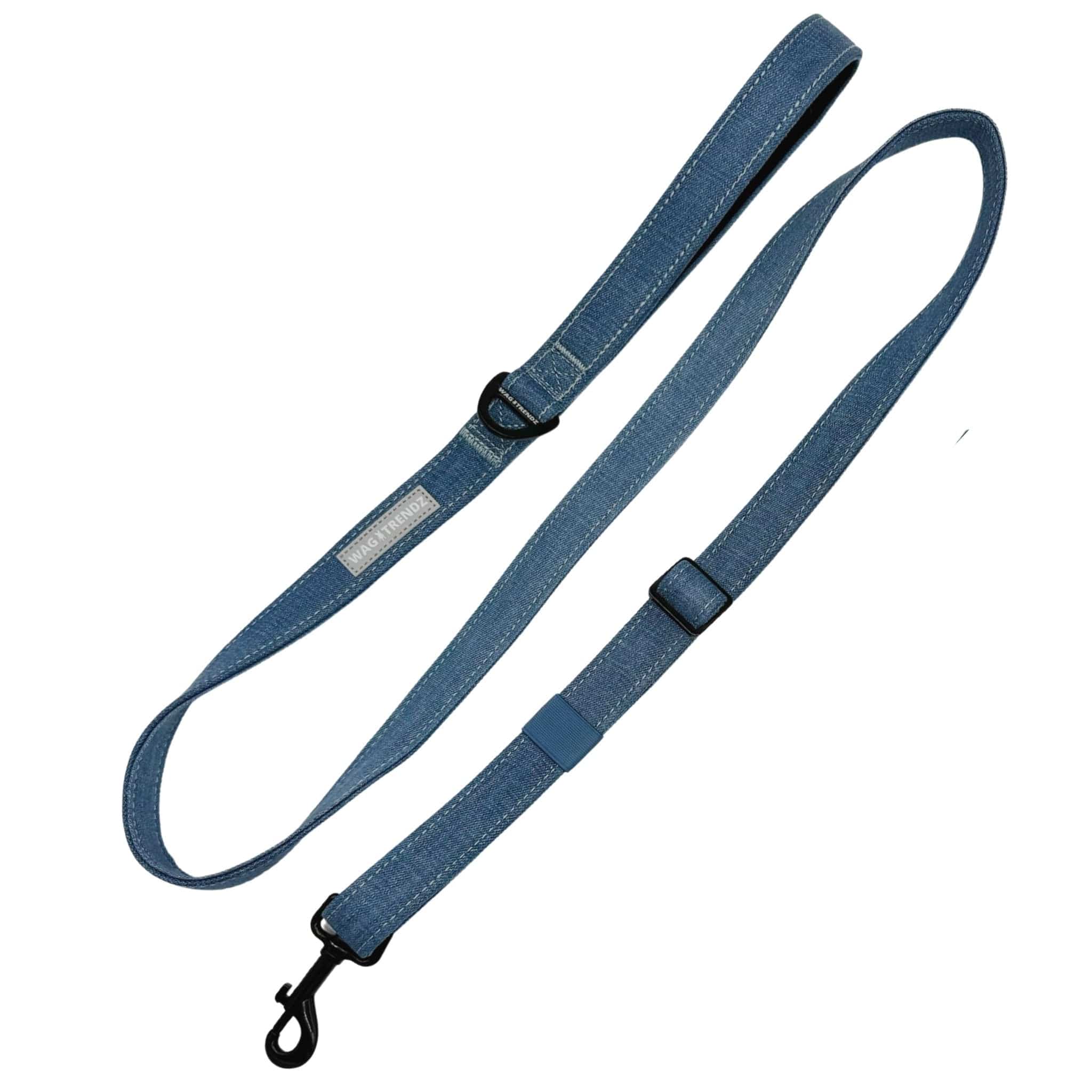 Denim Dog Leash - a large Adjustable Downtown Denim Dog Leash - against solid white background - Wag Trendz