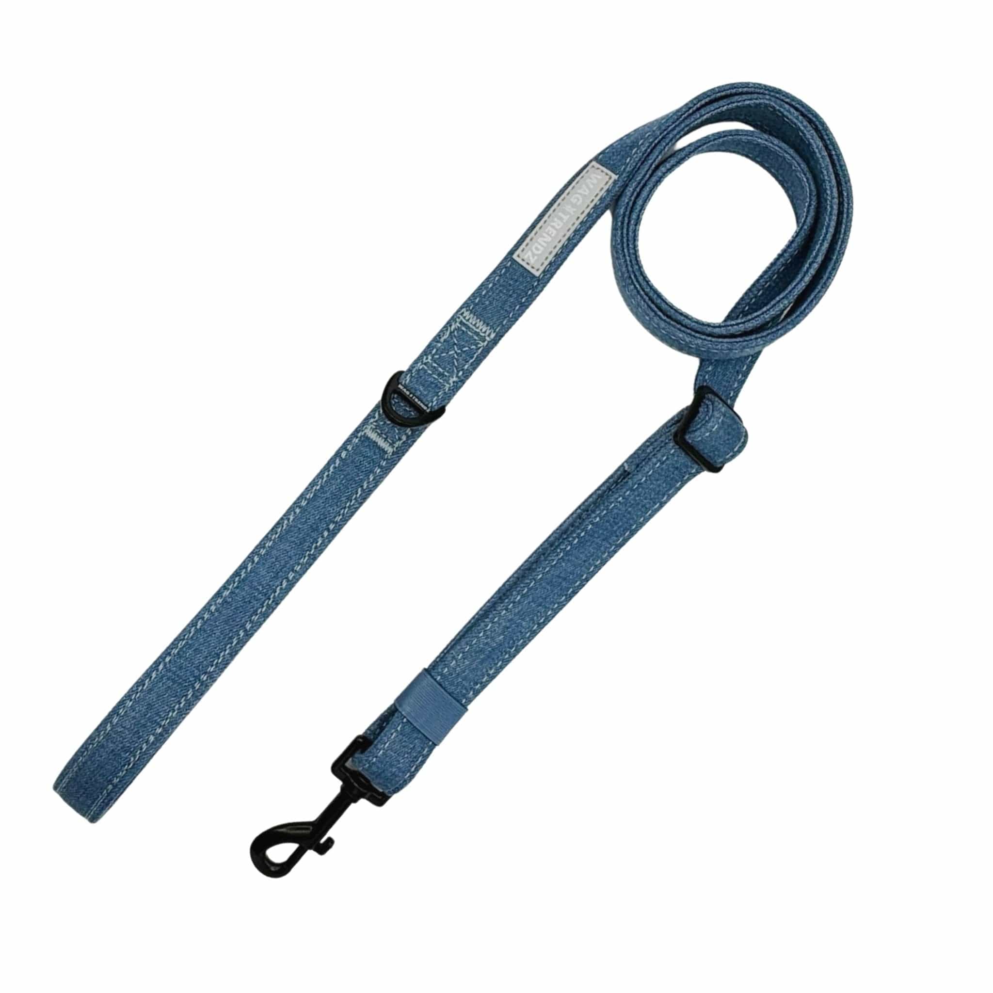 Denim Dog Leash - a medium Adjustable Downtown Denim Dog Leash - against solid white background - Wag Trendz
