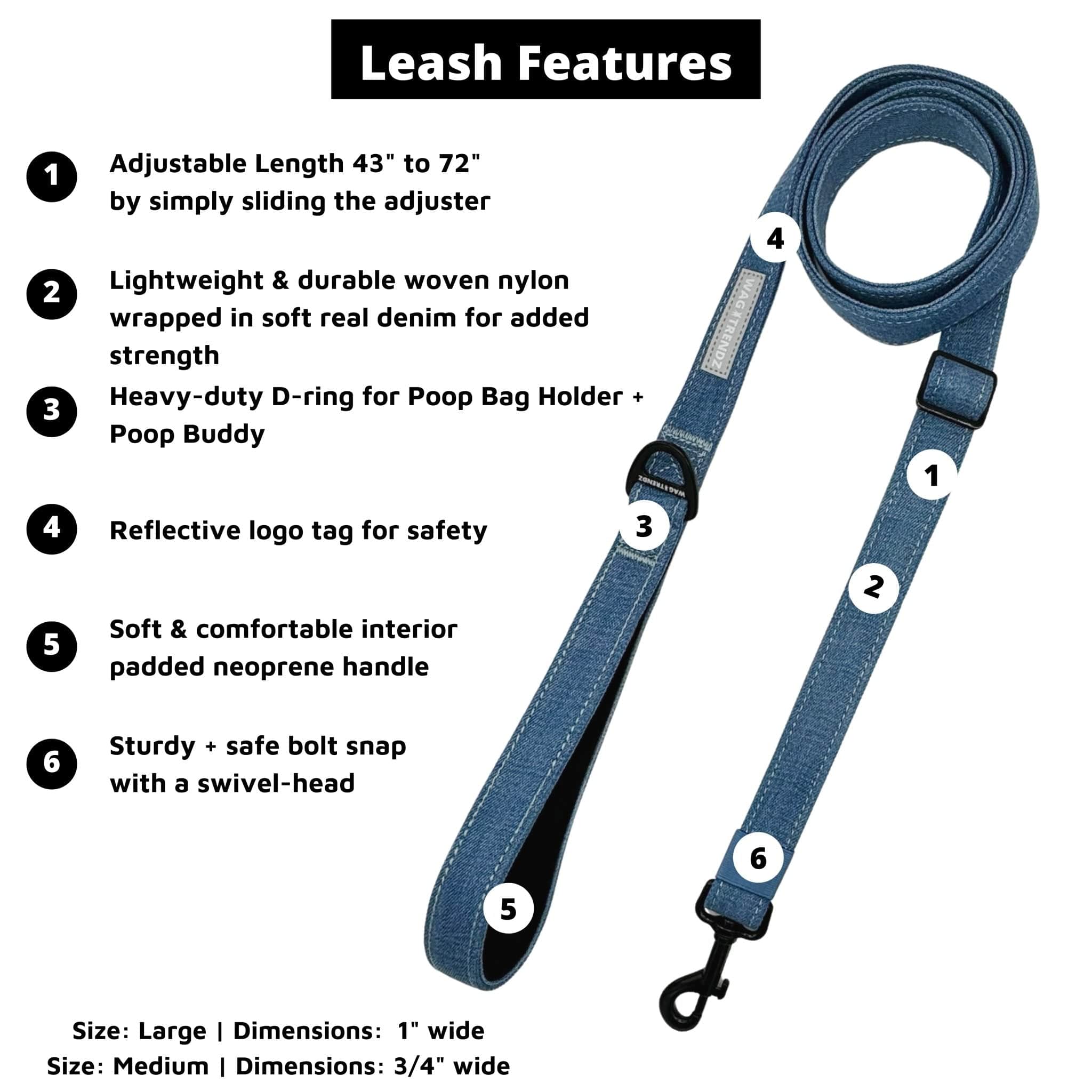 Denim Dog Leash - Downtown Denim Adjustable Dog Leash with product feature captions - against a solid white background - Wag Trendz