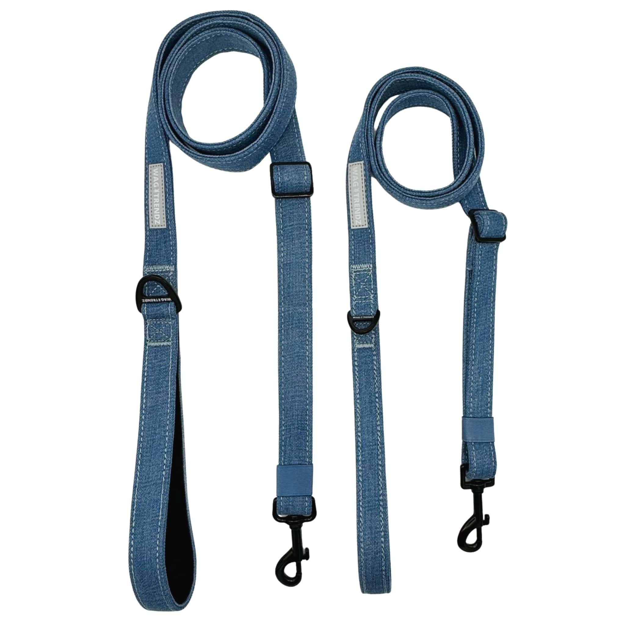 Denim Dog Leash - Two Adjustable Downtown Denim Dog Leashes - against solid white background - Wag Trendz