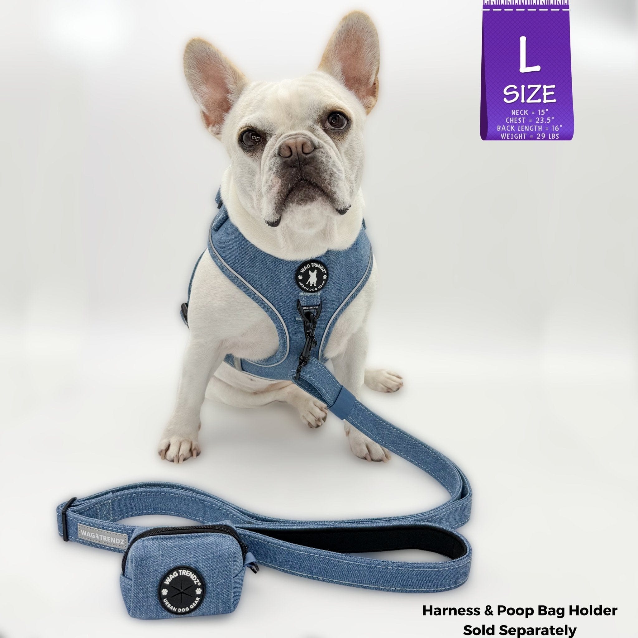 Denim Dog Leash - French Bulldog wearing a dog harness with an Adjustable Downtown Denim Dog Leash and poop bag attached - against solid white background - Wag Trendz