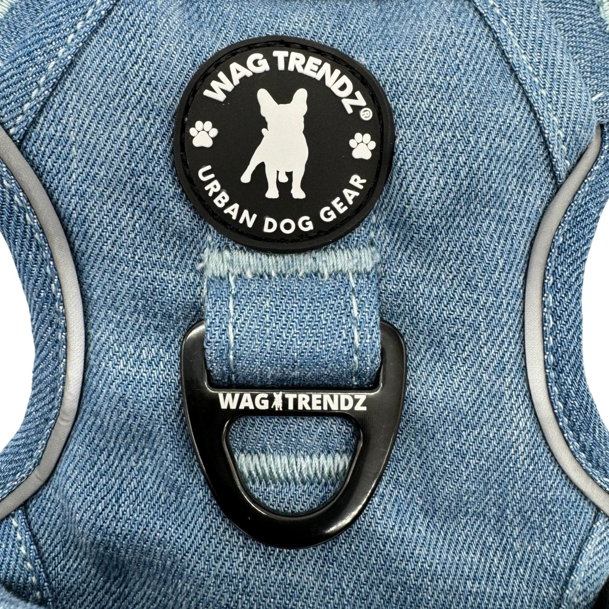 Dog Harness With Handle - No Pull - Downtown Denim Dog Harness - close up of back view with rubber logo and triangle D-ring leash attachment - against solid white background - Wag Trendz
