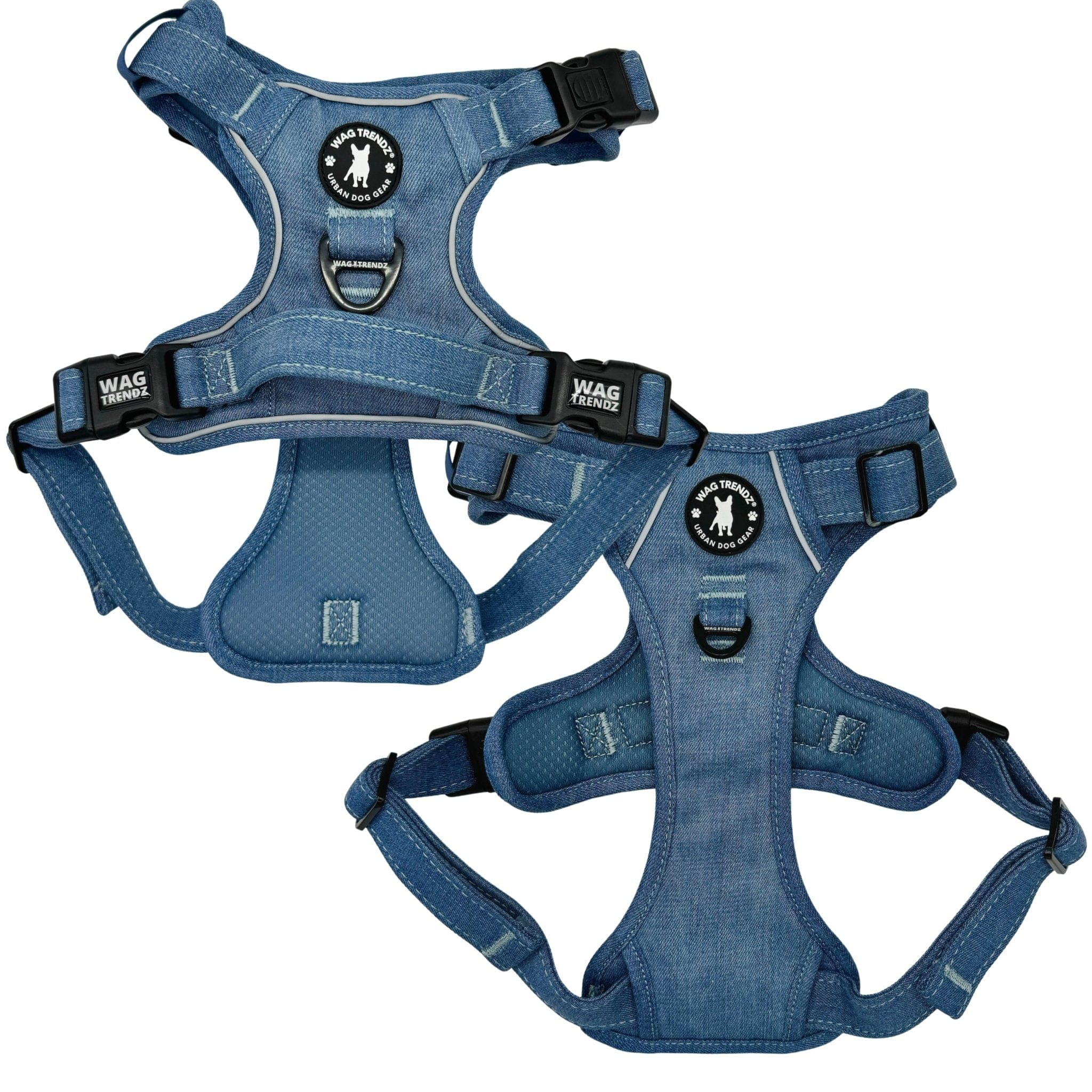 Dog Harness With Handle - No Pull - Downtown Denim Dog Harness - chest and back view - against solid white background - Wag Trendz