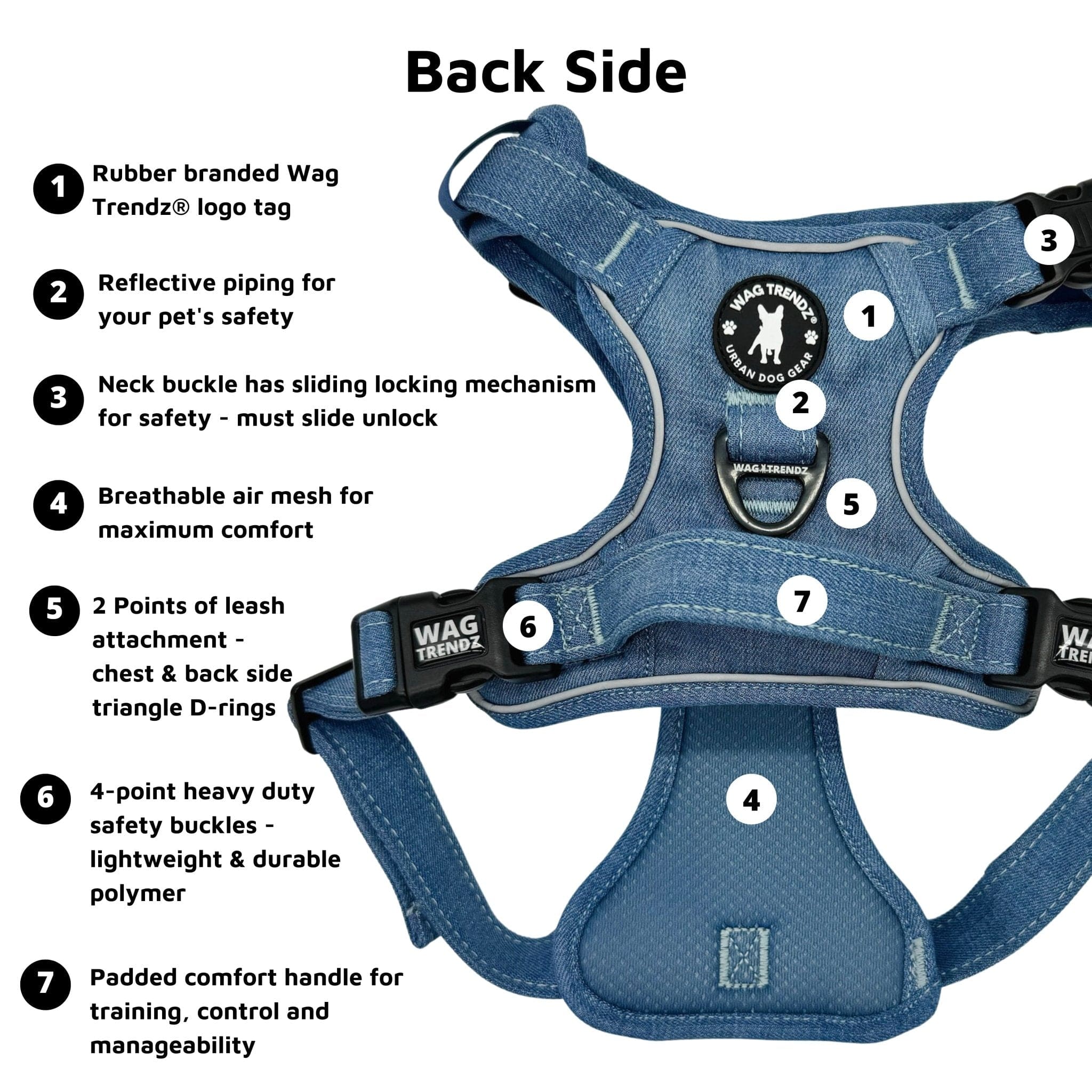 Dog Harness With Handle- No Pull - Downtown Denim Dog Harness - product feature captions - back side - against solid white background - Wag Trendz