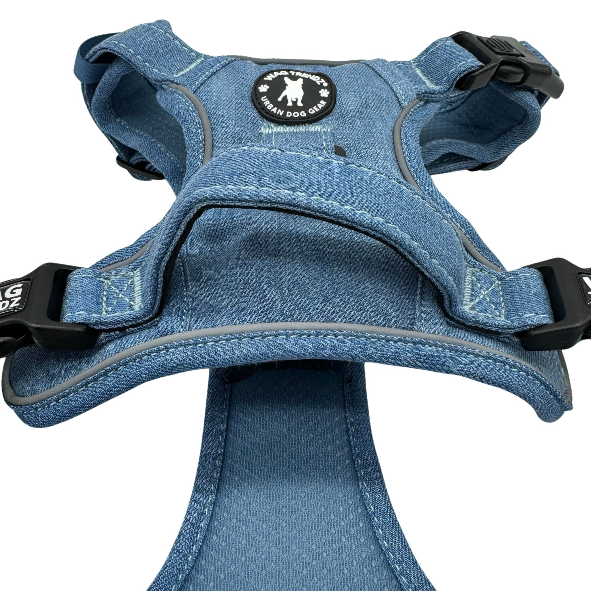 Dog Harness With Handle - No Pull - Downtown Denim Dog Harness - back side with close up of handle - against solid white background - Wag Trendz