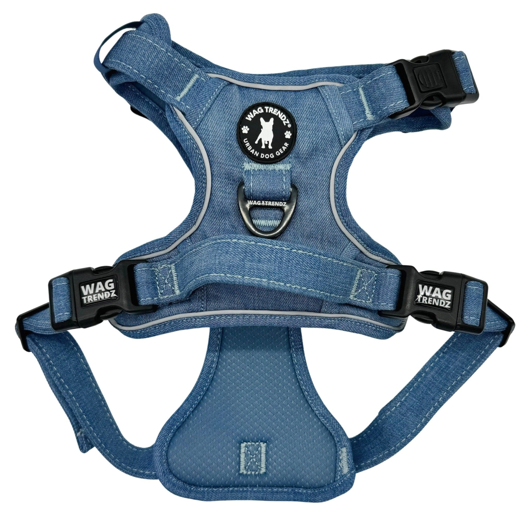 Dog Harness With Handle - No Pull - Downtown Denim Dog Harness - back view - against solid white background - Wag Trendz