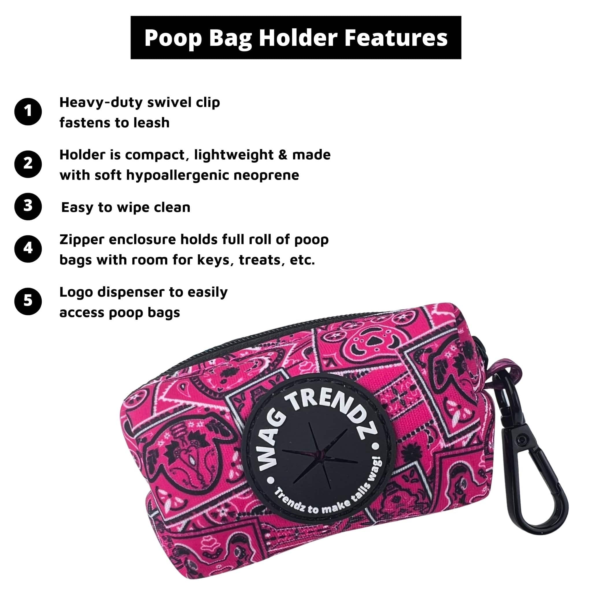 Dog Poo Bag Holder - Bandana Boujee - Hot Pink with black zipper and black rubber logo dispenser on front - with product feature captions - against a solid white background - Wag Trendz