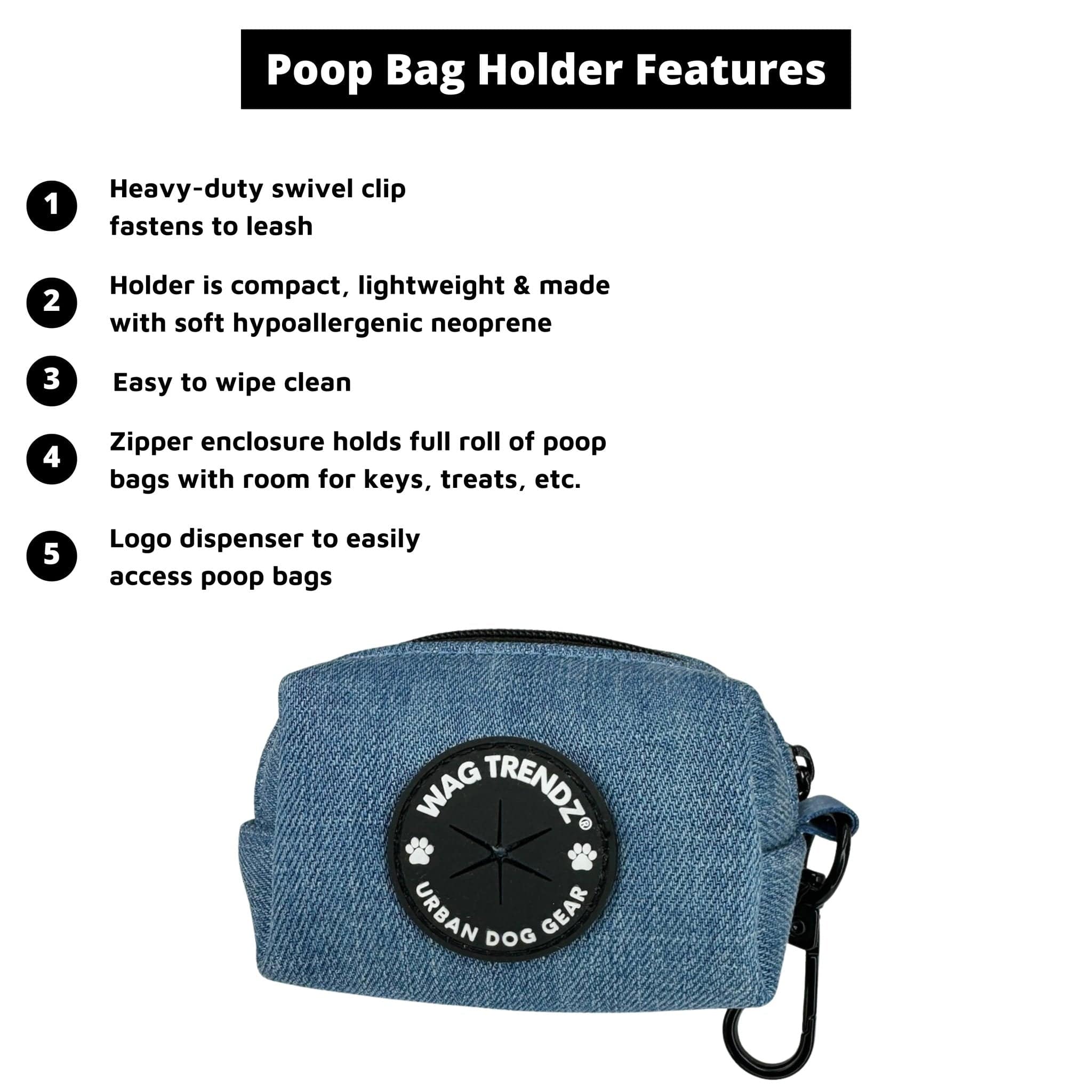 Dog Poop Bag Holder - Downtown Denim - blue jean with a black zipper and black rubber logo dispenser on front - with product feature captions - against a solid white background - Wag Trendz