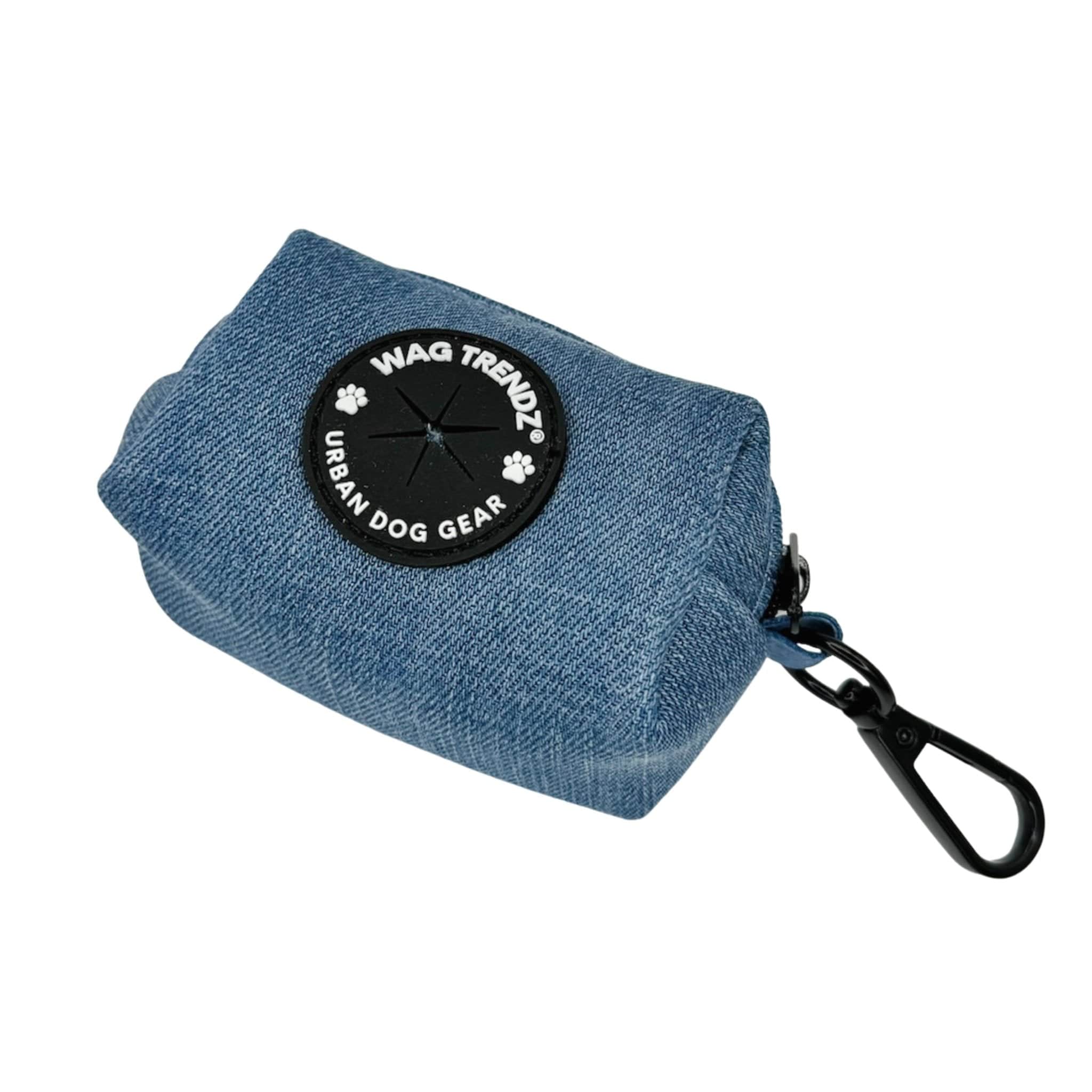 Dog Poop Bag Holder - Downtown Denim - blue jean with a black zipper and black rubber logo dispenser on front - against a solid white background - Wag Trendz