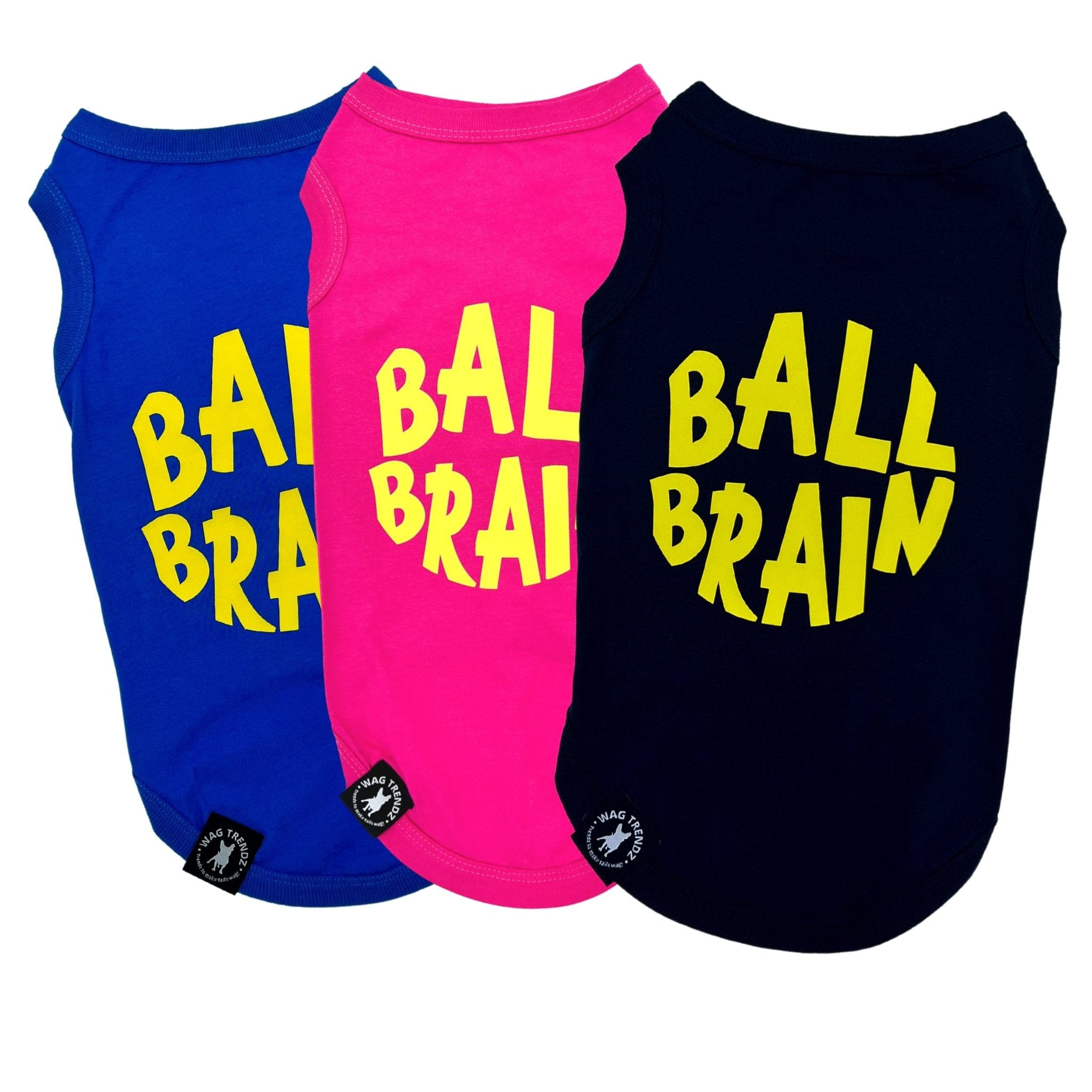 Dog T-Shirt - Ball Brain - Blue, Black & Pink (backside) with bright yellow Ball Brain - against solid white background - Wag Trendz
