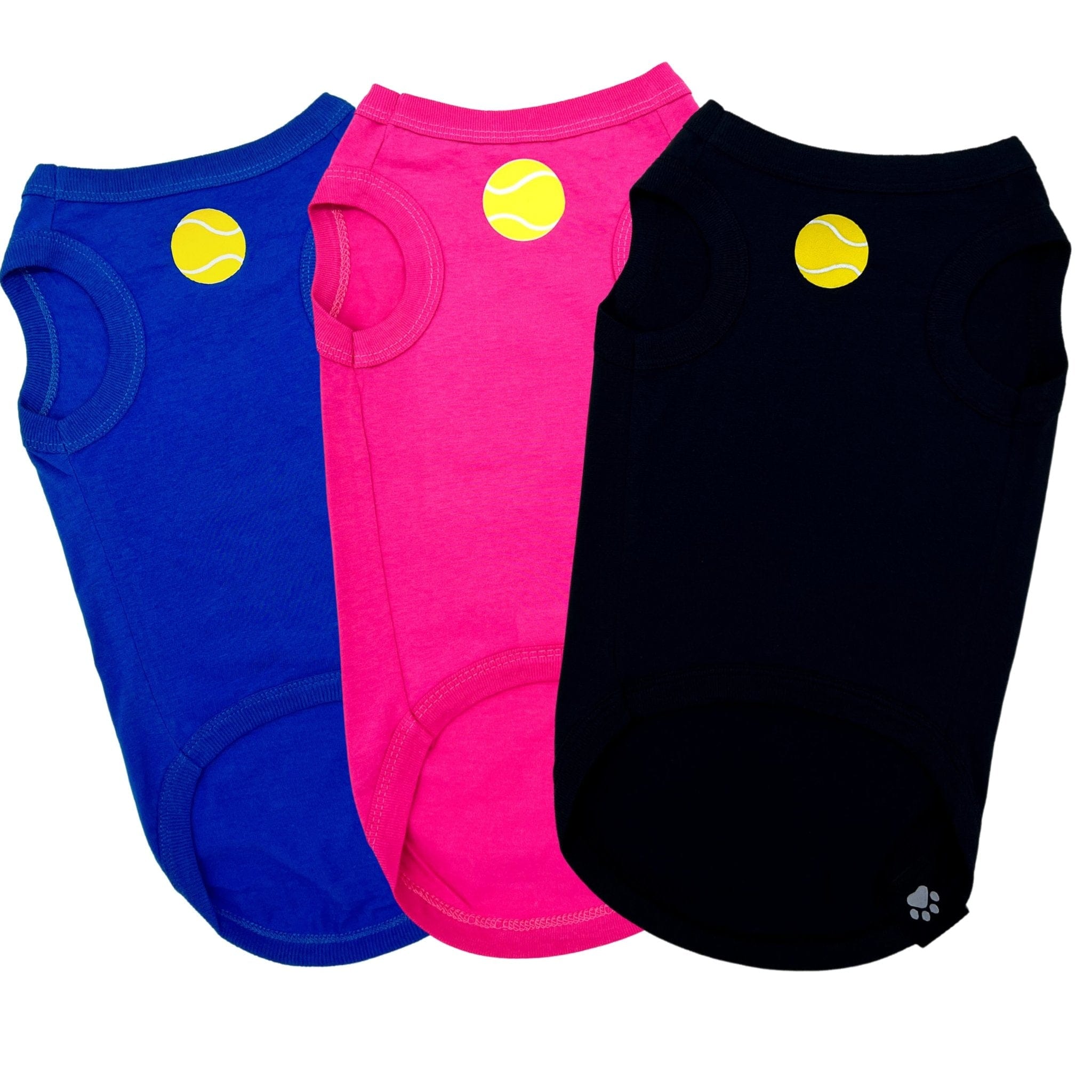 Dog T-Shirt - Ball Brain - Blue, Black & Pink (chest view) with bright yellow tennis ball emoji - against solid white background - Wag Trendz