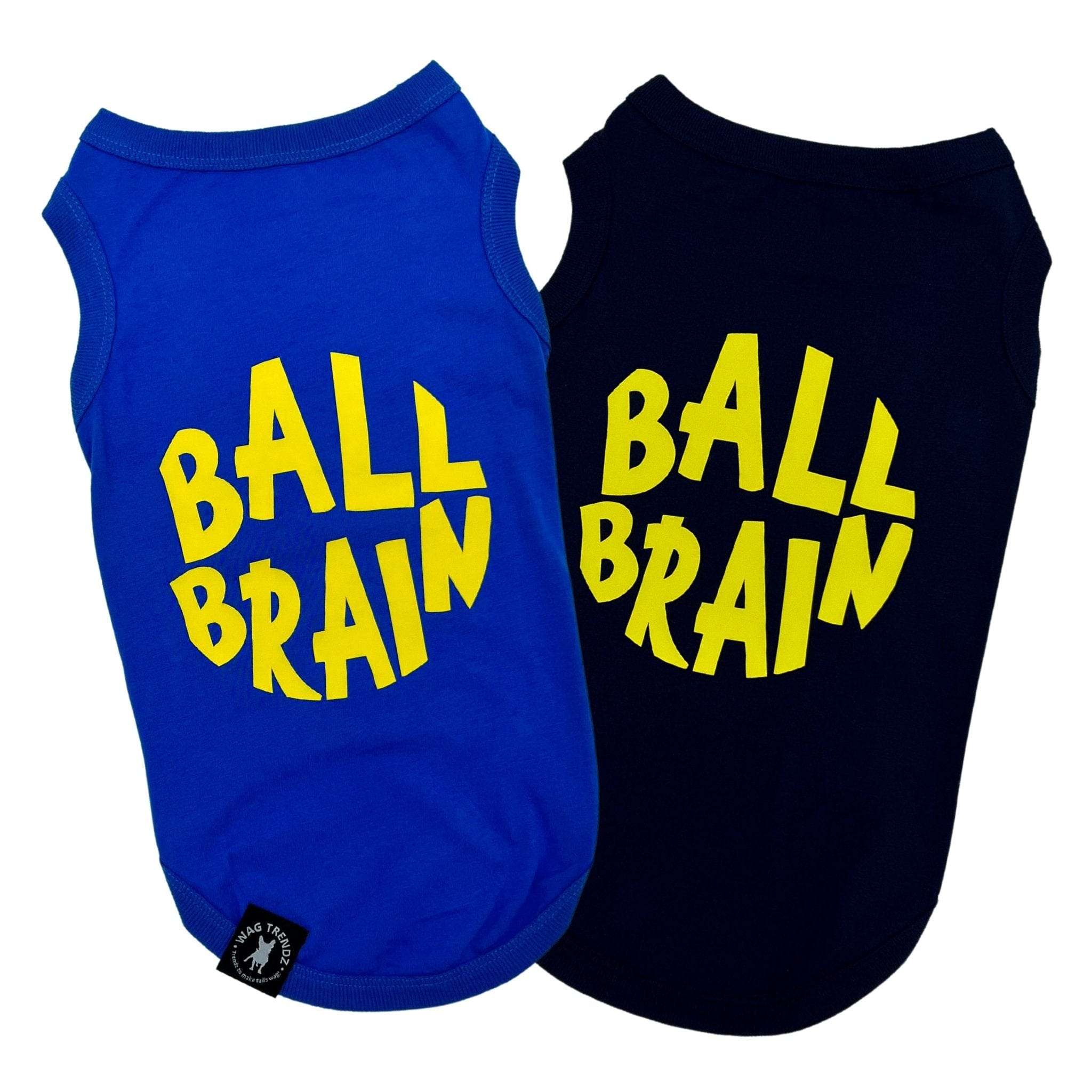 Dog T-Shirt - Ball Brain in Blue and Black - with bright yellow Ball Brain on back - against solid white background - Wag Trendz