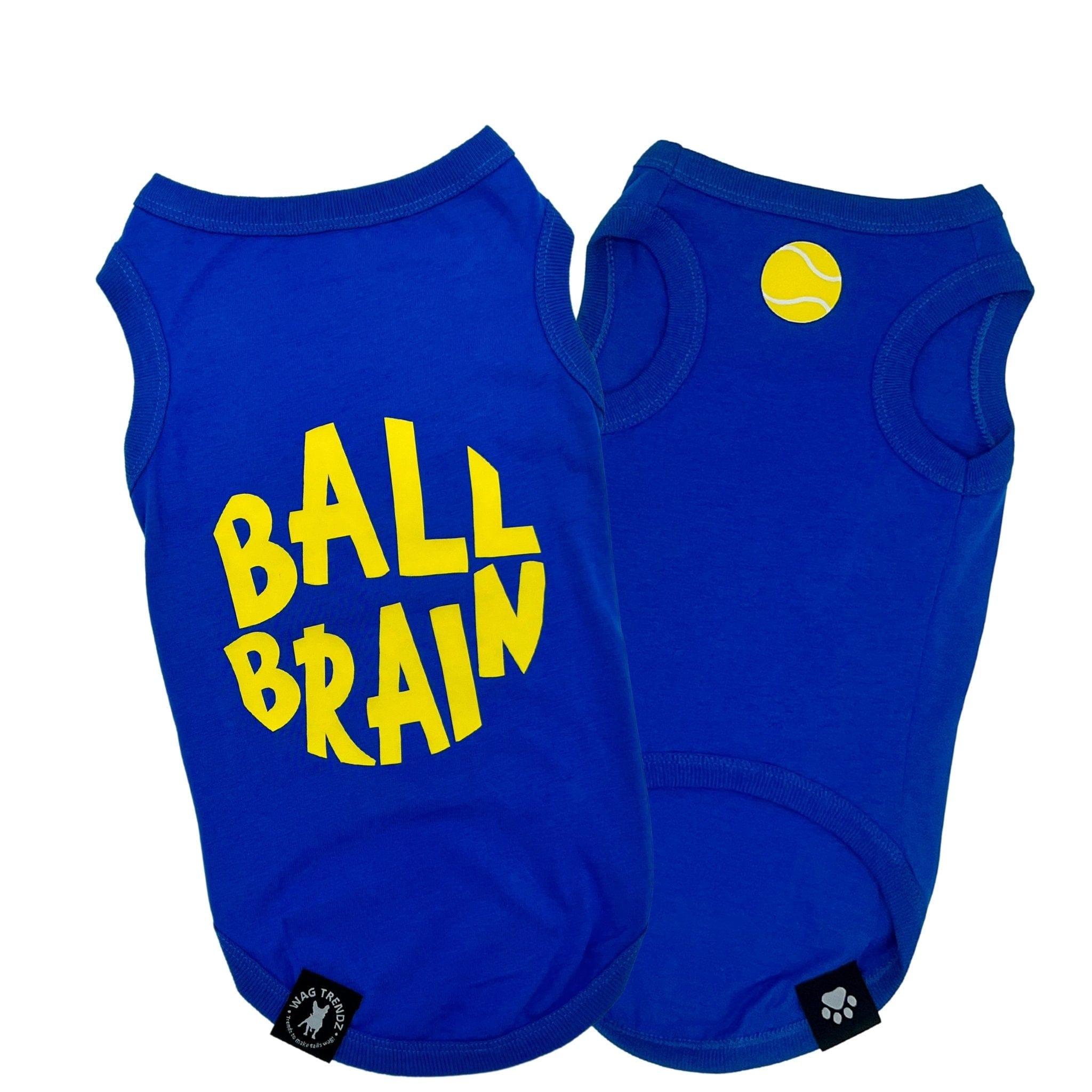 Dog T-Shirt - Ball Brain in Blue - with bright yellow Ball Brain on back and yellow tennis ball emoji on front chest - against solid white background - Wag Trendz