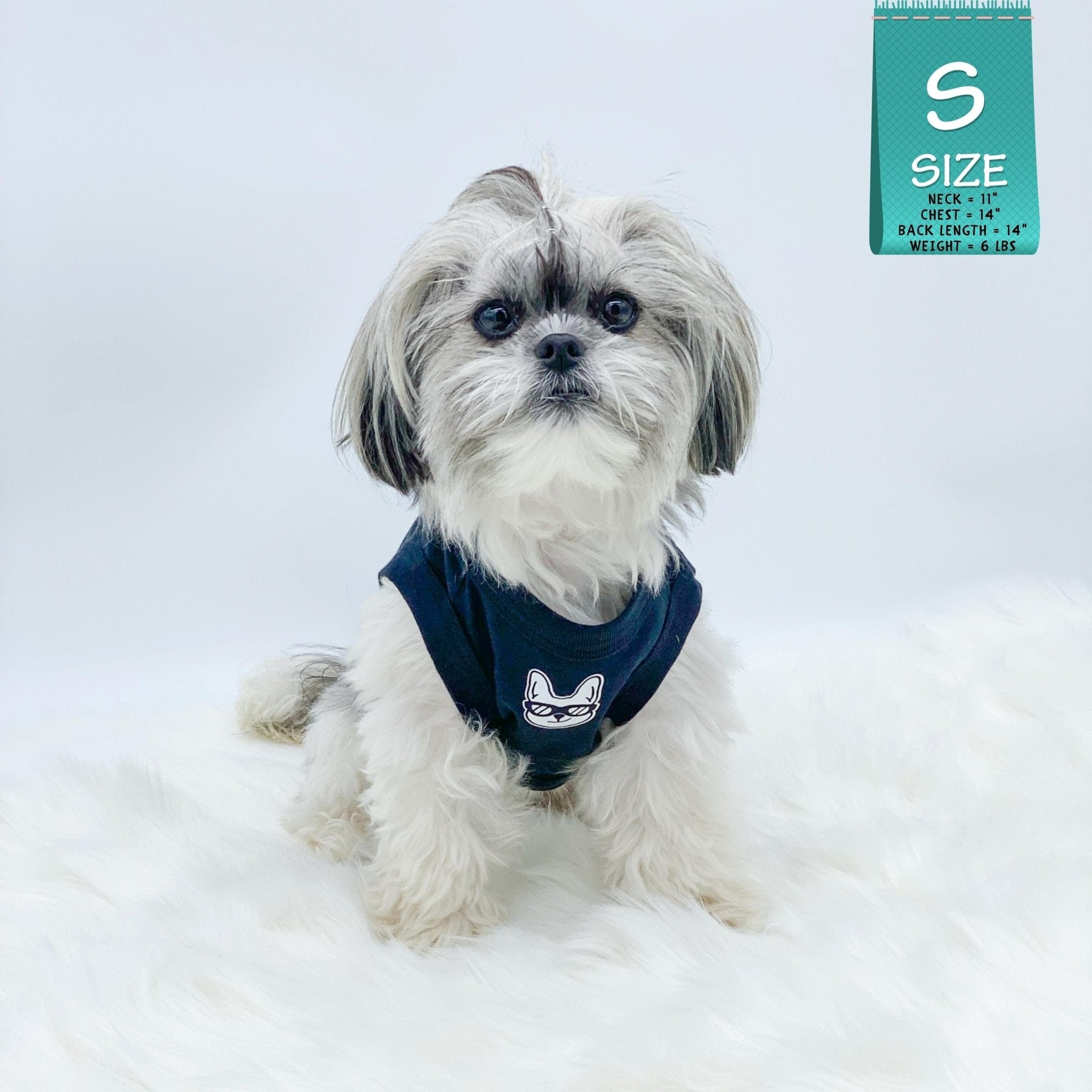 Dog T-Shirt - Shih Tzu mix wearing "Bruh" dog t-shirt in black - with a smirk faced French Bulldog emoji on chest in white - against solid white background - Wag Trendz
