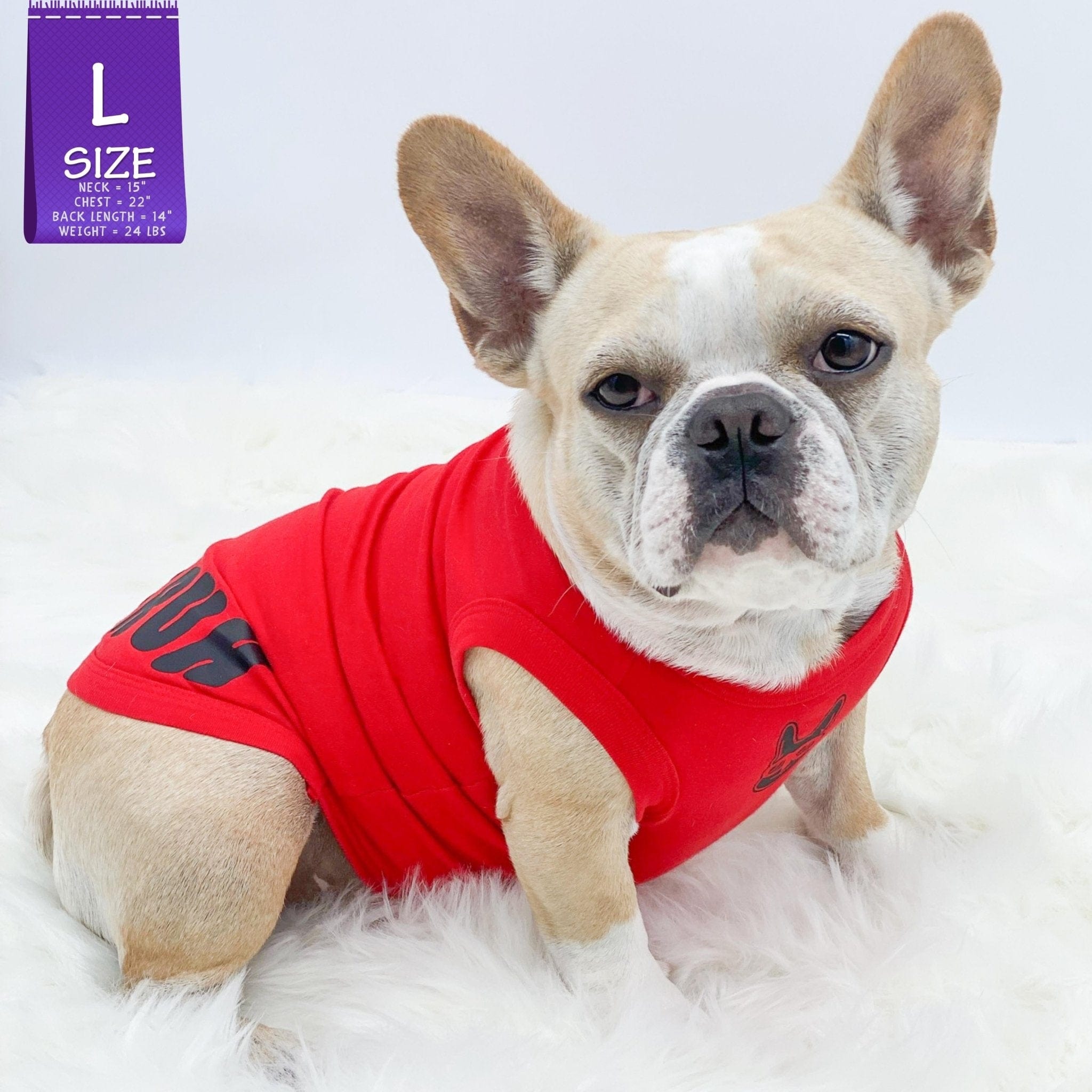 Dog T-Shirt - French Bulldog wearing "Bruh" dog t-shirt in Red - back view with BRUH spelled in black on red t-shirt with a smirk faced French Bulldog emoji on chest - against solid white background - Wag Trendz