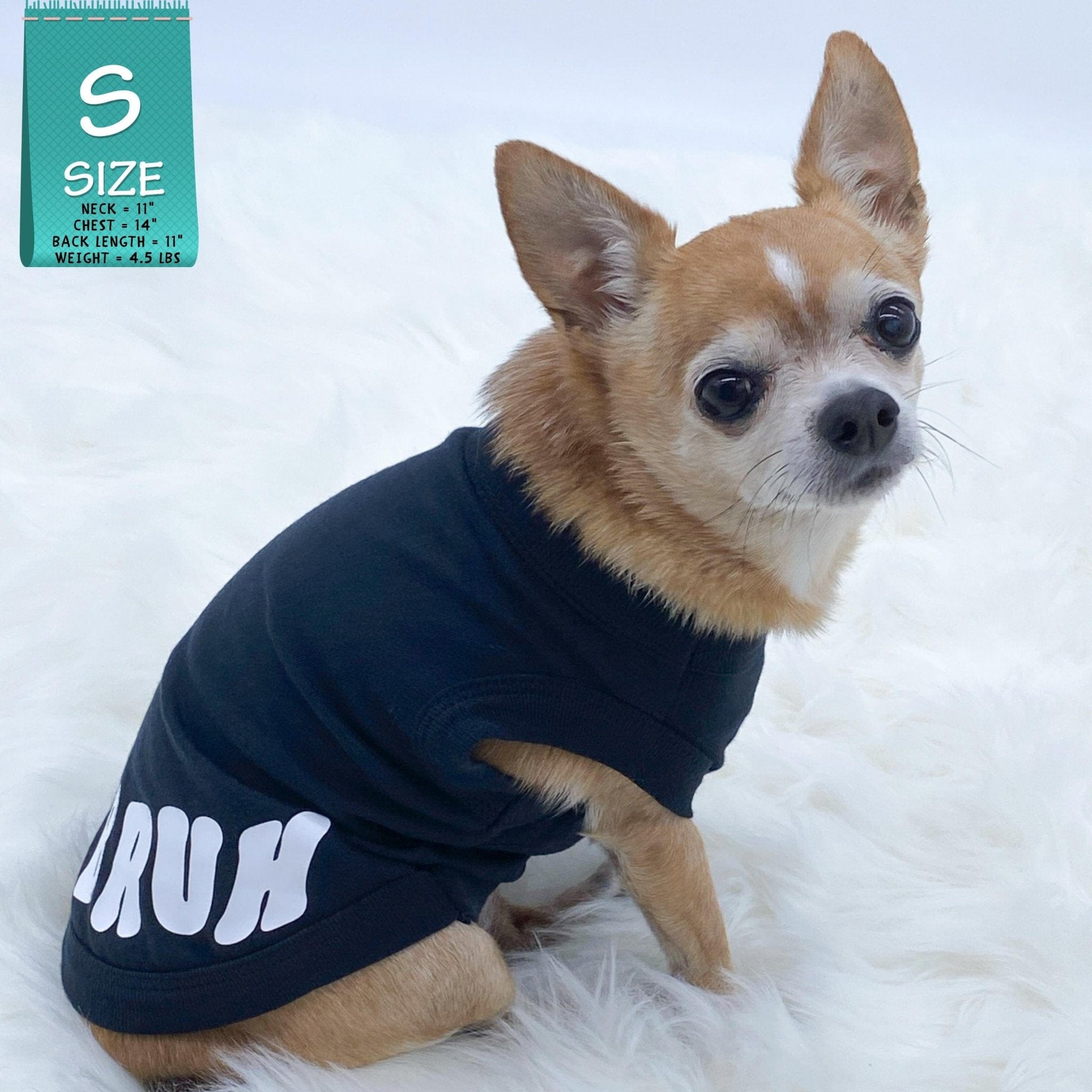Dog T-Shirt - Chihuahua wearing "Bruh" dog t-shirt in Black - back view with BRUH spelled in white on black t-shirt - against solid white background - Wag Trendz