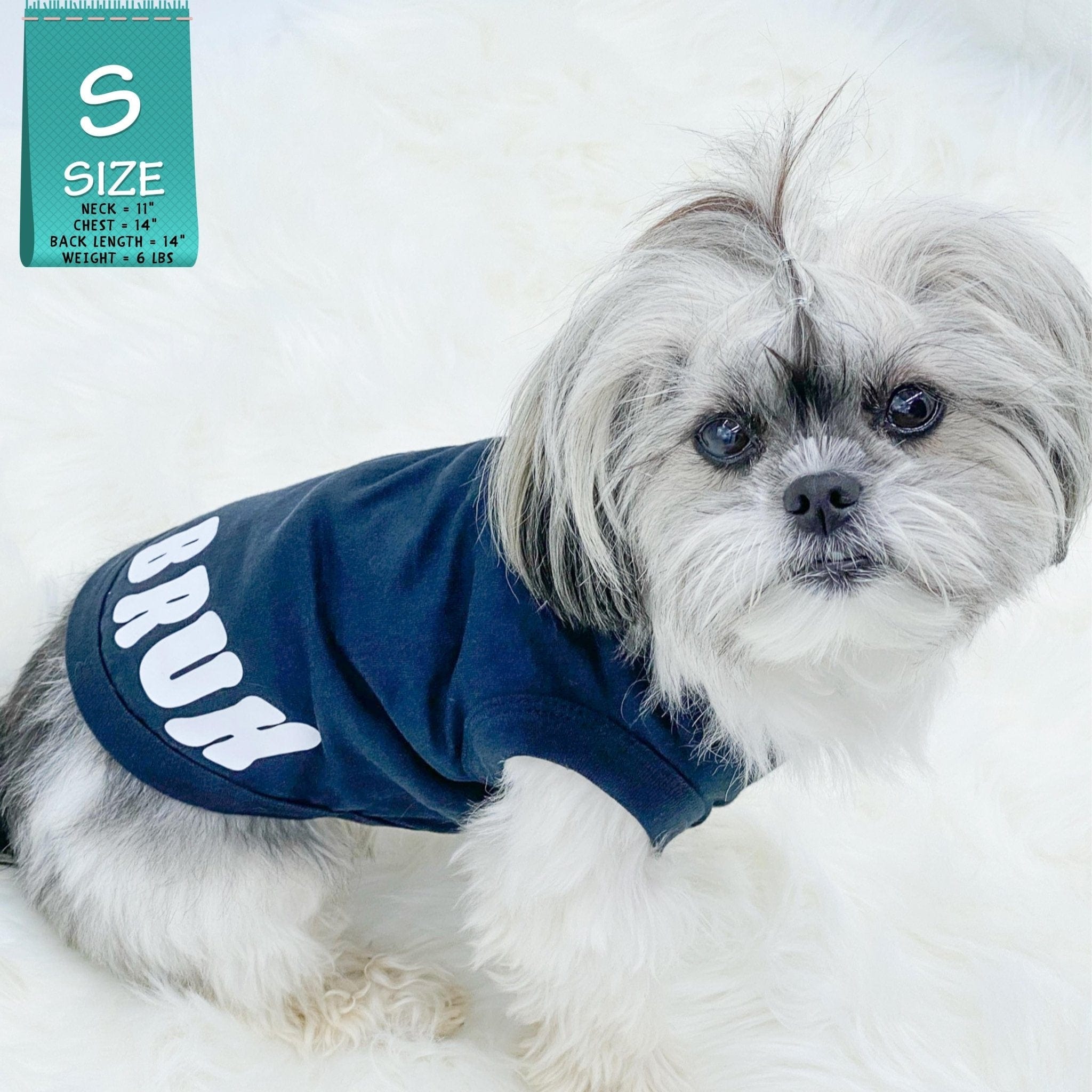 Dog T-Shirt - Shih Tzu mix wearing "Bruh" dog t-shirt in Black - back view with BRUH spelled in white on black t-shirt - against solid white background - Wag Trendz