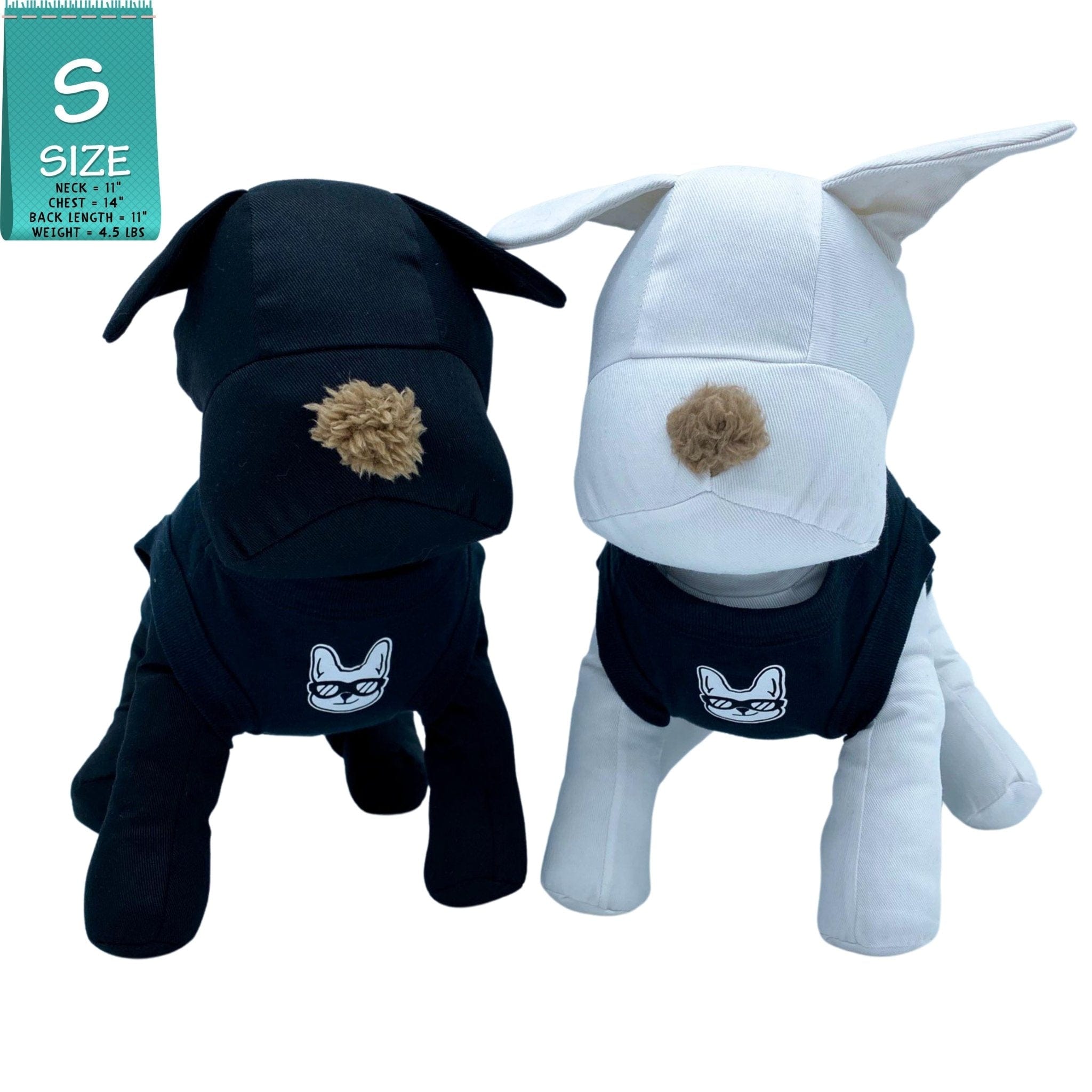 Dog T-Shirt - Two stuffed dogs one black and one white wearing "Bruh" dog t-shirts in black - with a smirk faced French Bulldog emoji on chest in white - against solid white background - Wag Trendz