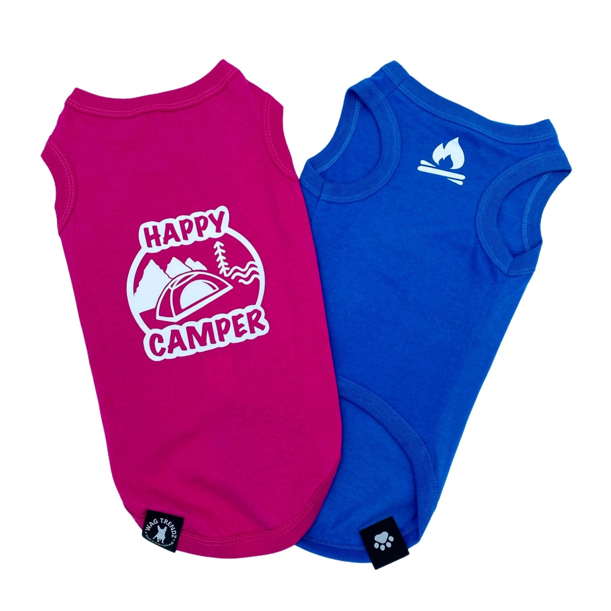 Dog T-Shirt - "Happy Camper" dog t-shirt - Hot Pink and Royal Blue - back view with Happy Camper and camping scene while blue t-shirt is chest view with campfire emoji - against solid white background - Wag Trendz