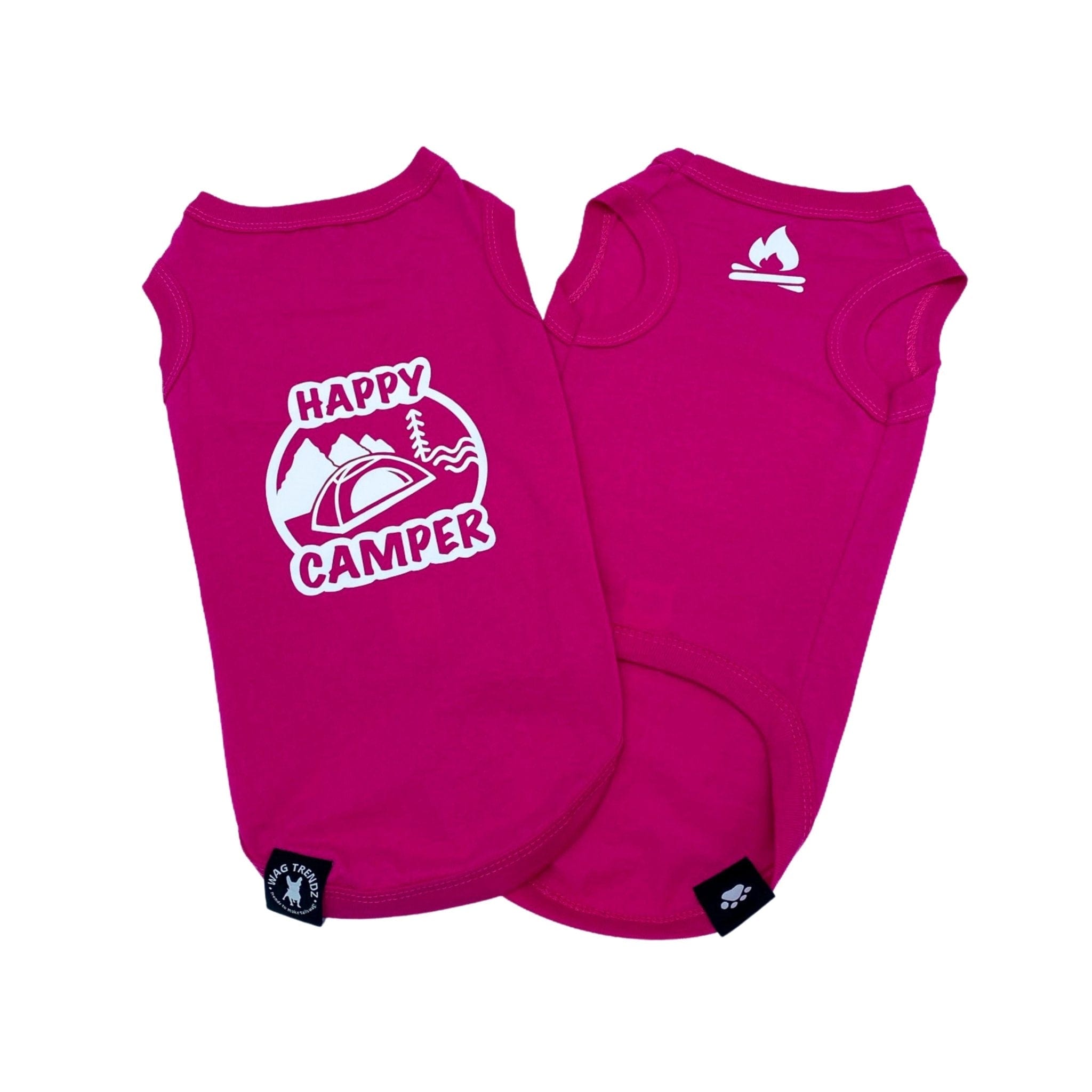 Dog T-Shirt - "Happy Camper" dog t-shirt - Hot Pink set - back view with Happy Camper and camping scene and chest view with campfire emoji - against solid white background - Wag Trendz