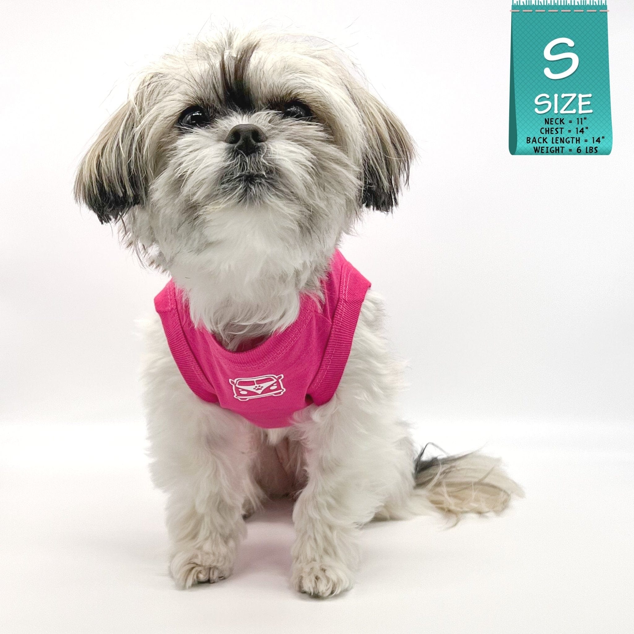 Dog T-Shirt - Shih Tzu Mix wearing Road Trip T-Shirt in Hot Pink VW bus emoji on chest - against solid white background - Wag Trendz