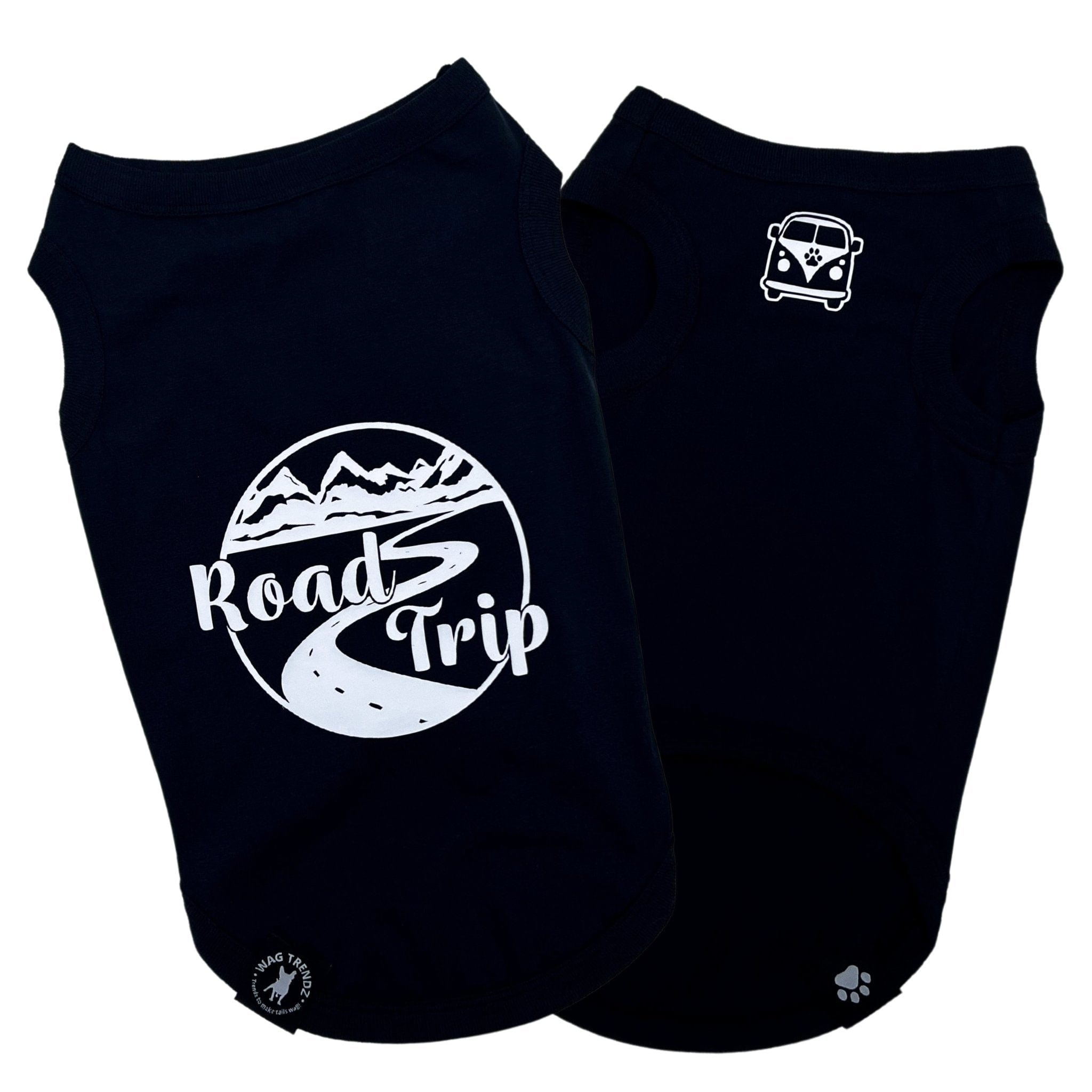 Dog T-Shirt - Road Trip - Black T-Shirts with Road Trip Mountain View on back with VW Bus emoji on chest side - against solid white background - Wag Trendz