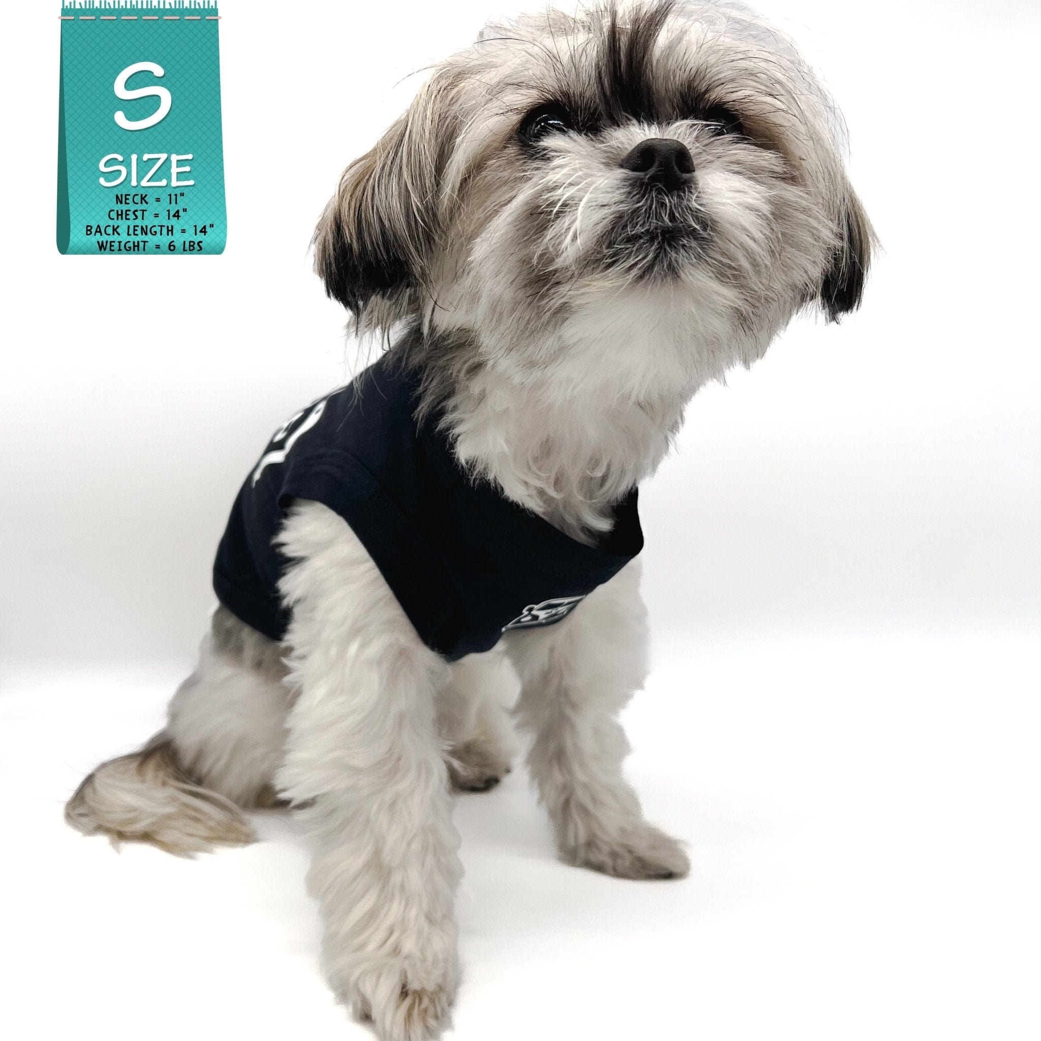 Dog T-Shirt - Shih Tzu Mix wearing Road Trip T-Shirt in black VW bus emoji on chest - against solid white background - Wag Trendz